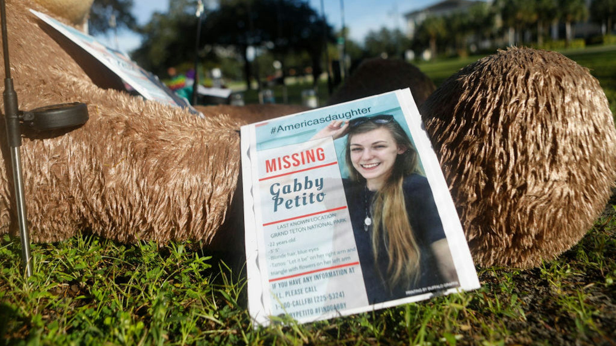 NORTH PORT, FL - SEPTEMBER 20: A makeshift memorial dedicated to missing woman Gabby Petito is located near City Hall on September 20, 2021 in North Port, Florida. A body has been found by authorities in Grand Teton National Park in Wyoming that fits the description of Petito, who went missing while on a cross-country trip with her boyfriend Brian Laundrie. (Photo by Octavio Jones/Getty Images)