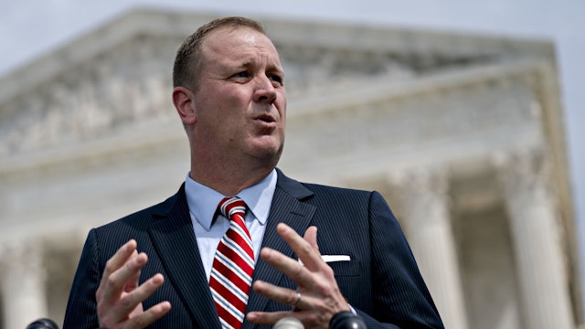 Eric Schmitt, Missouri attorney general, speaks during a news conference outside the Supreme Court in Washington, D.C., U.S., on Monday, Sept. 9, 2019.
