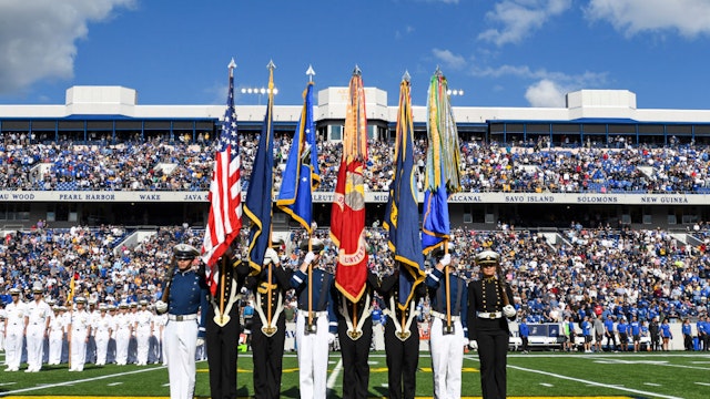 ANNAPOLIS, MD - OCTOBER 5: The Naval Academy color guard takes the field on October 5, 2019, at Navy - Marine Corps Memorial Stadium in Annapolis, MD. for the game between the Air Force Falcons and the Navy Midshipmen. (Photo by Mark Goldman/Icon Sportswire via Getty Images)