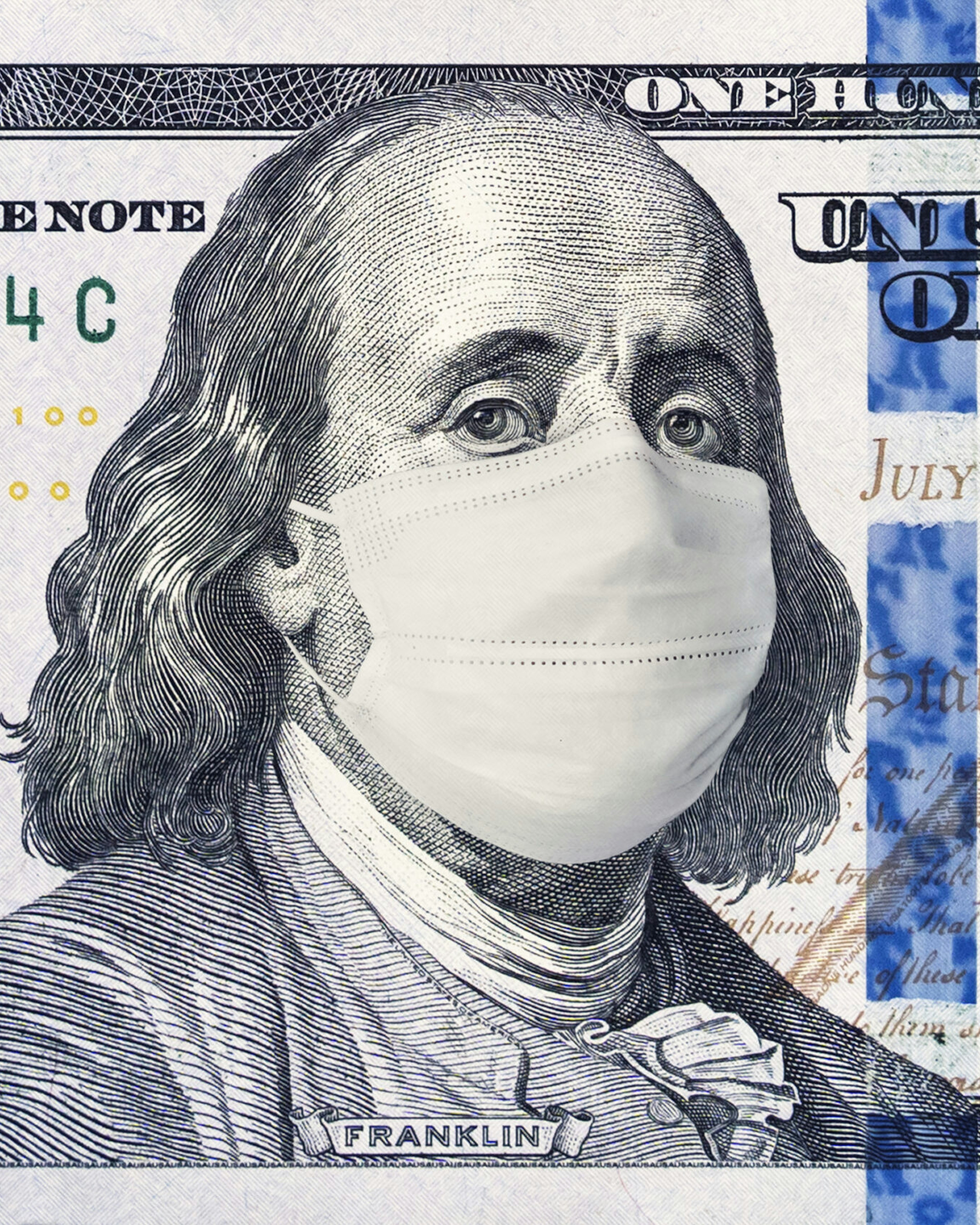 American President with a face mask against CoV infection. 100 dollar banknote. Coronavirus in United States. Concept quarantine and recession. Global economy hit by corona virus outbreak and pandemic