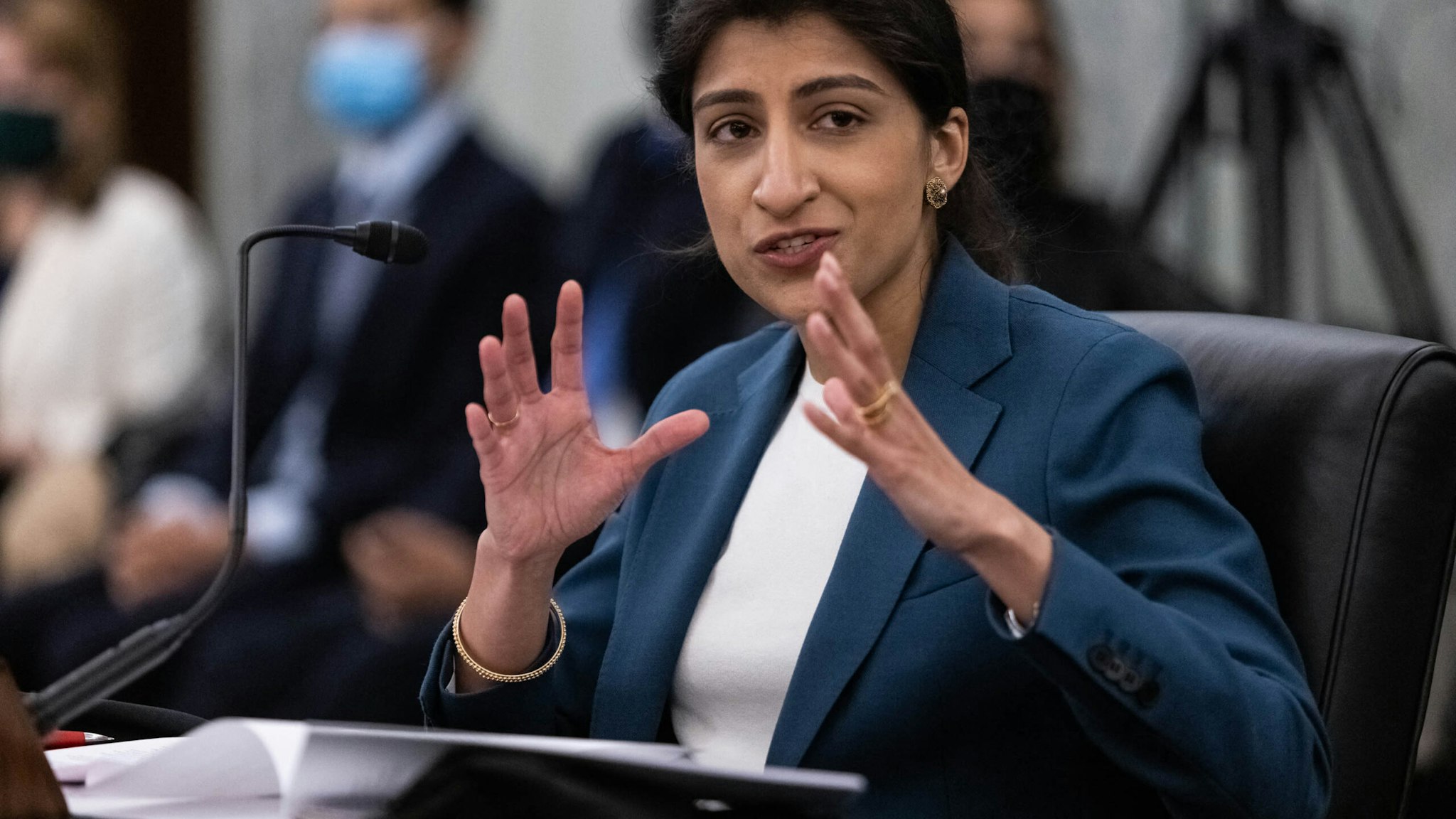 FTC Commissioner nominee Lina M. Khan testifies during a Senate Committee on Commerce, Science, and Transportation confirmation hearing on Capitol Hill in Washington, DC, April 21, 2021.