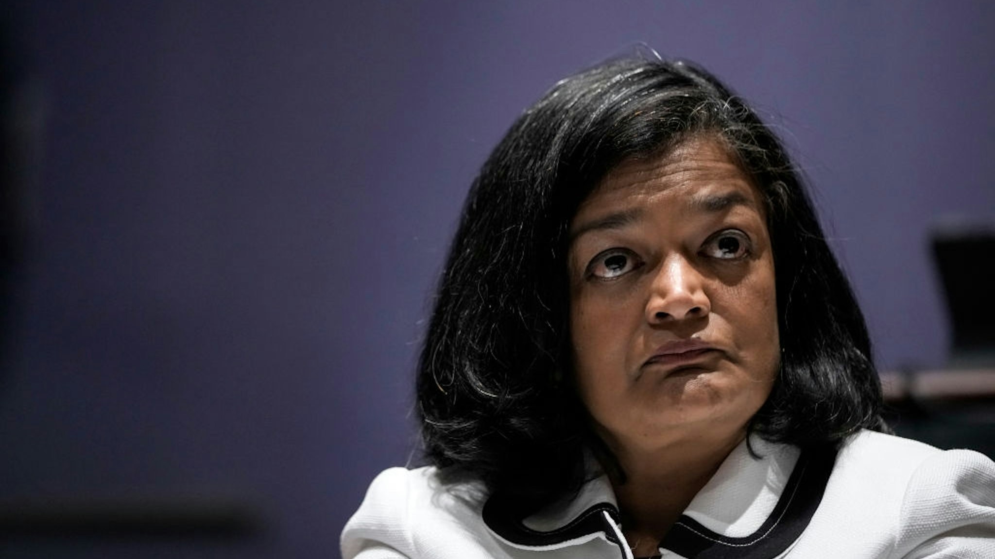 Rep. Pramila Jayapal (D-WA) listens as FBI Director Christopher Wray testifies during a House Judiciary Committee oversight hearing on Capitol Hill June 10, 2021 in Washington, DC.