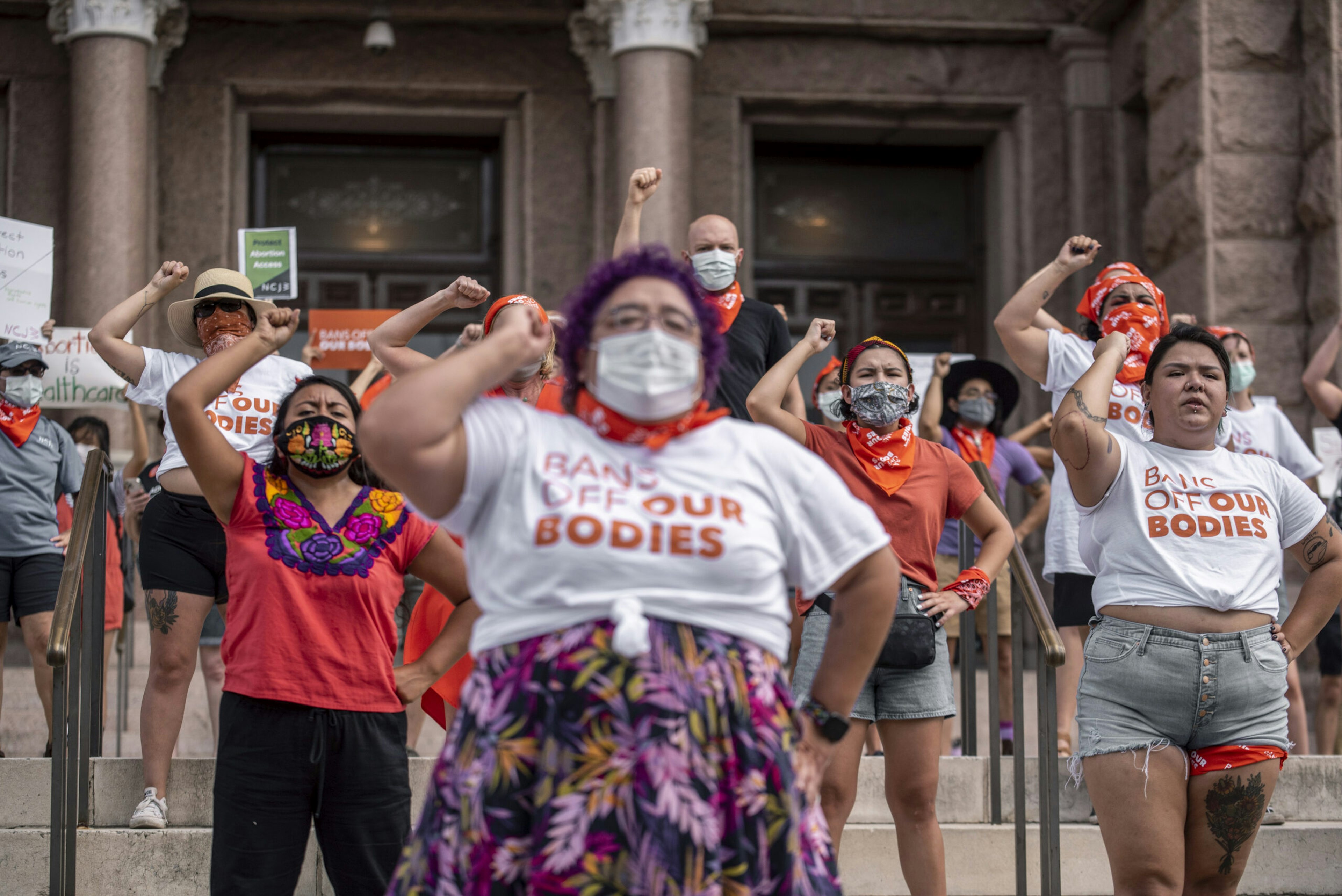 AUSTIN, TX - SEPT 1: Pro-choice protesters perform outside the Texas State Capitol on Wednesday, Sept. 1, 2021 in Austin, TX. Texas passed SB8 which effectively bans nearly all abortions and it went into effect Sept. 1. A request to the Supreme Court to block the bill went unanswered and the Court still has yet to take any action on it. (Sergio Flores For The Washington Post via Getty Images)