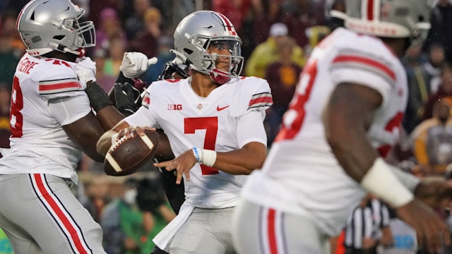 MINNEAPOLIS, MN - SEPTEMBER 02: Ohio State Buckeyes quarterback C.J. Stroud (7) makes a throw during a game between the Minnesota Golden Gophers and the Ohio State Buckeyes at Huntington Bank Stadium in Minneapolis, MN on September 2, 2021.(Photo by Nick Wosika/Icon Sportswire via Getty Images)