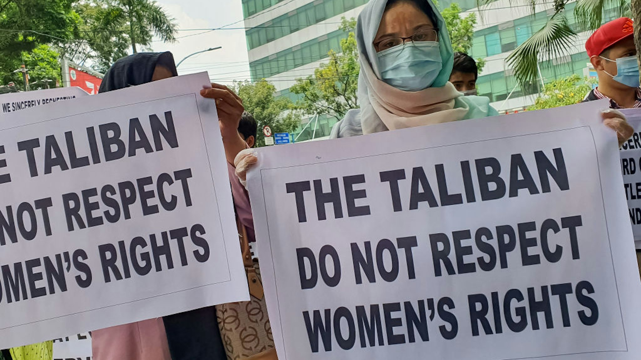 Afghan immigrants stage a protest in front of the UNHCR representative office in Medan, North Sumatra, on September 7, 2021, criticizing the Taliban's takeover of Afghanistan that does not respect women's rights.