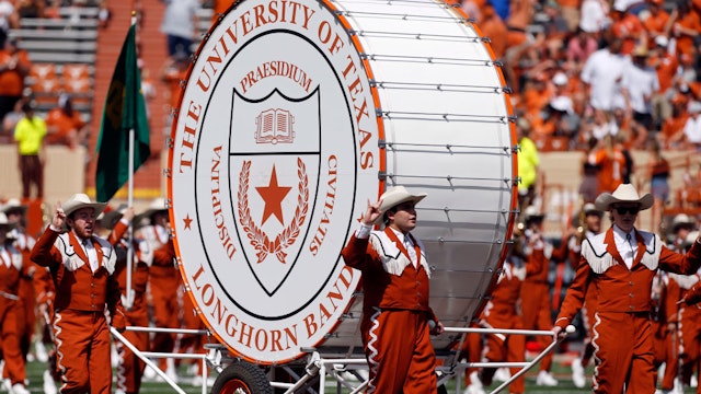 AUSTIN, TX - SEPTEMBER 04: University of Texas Long Horns band performs during the game against theLouisiana - Lafayette Ragin Cajuns on September 04, 2021, at Darrell K Royal - Texas Memorial Stadium in Austin, TX. (Photo by Adam Davis/Icon Sportswire via Getty Images)