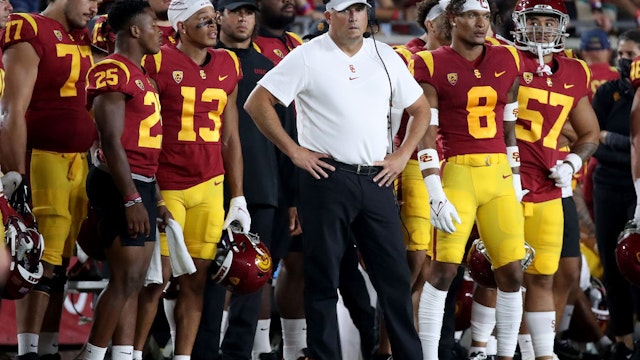 LOS ANGELES, CALIF. - SEP 11, 2021. USC head coach Clay Helton on the sideline during a game against Stanford at the Coliseum on Saturday night, Sep. 11, 2021. (Luis Sinco / Los Angeles Times via Getty Images)