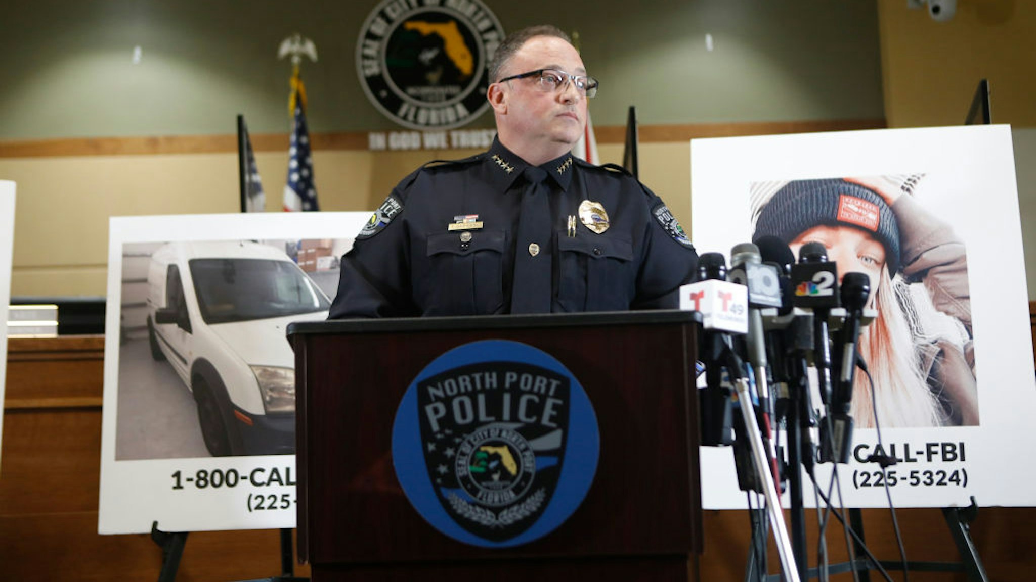 The City of North Port Chief of Police Todd Garrison speaks during a news conference for missing person Gabby Petito on September 16, 2021 in North Port, Florida. Gabby Petito went missing while on a cross country trip with her boyfriend Brian Laundrie and has not been seen or heard from since late August. Police said no criminality is suspected at this time but her fiance, Brian Laundrie, has refused to speak with law enforcement. Laundrie has be identified as a person of interest but investigators are solely focused on finding Petito. (Photo by Octavio Jones/Getty Images)