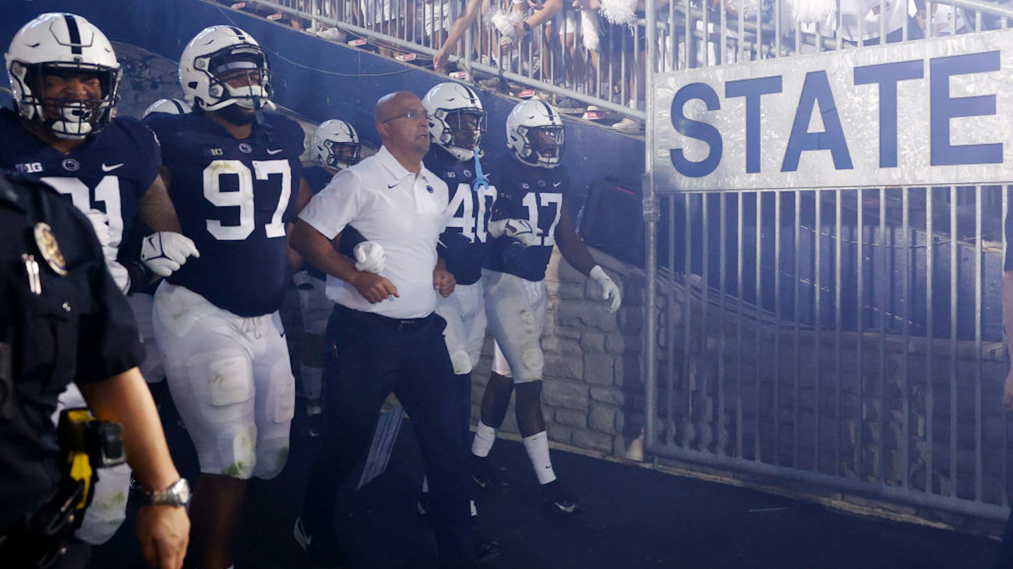 UNIVERSITY PARK, PA - SEPTEMBER 18: Penn State Nittany Lions head coach James Franklin leads his team to the field for a college football game against the Auburn Tigers on Sept. 18, 2021 at Beaver Stadium in University Park, Pennsylvania. (Photo by Joe Robbins/Icon Sportswire via Getty Images)