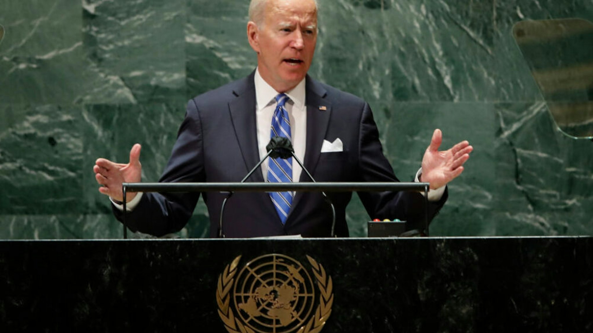 NEW YORK, NEW YORK - SEPTEMBER 21: U.S. President Joe Biden addresses the 76th Session of the U.N. General Assembly on September 21, 2021 at U.N. headquarters in New York City. More than 100 heads of state or government are attending the session in person, although the size of delegations is smaller due to the Covid-19 pandemic.