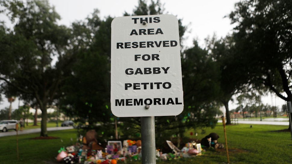 A makeshift memorial dedicated to Gabby Petito is located near the North Port City Hall on September 21, 2021 in North Port, Florida.