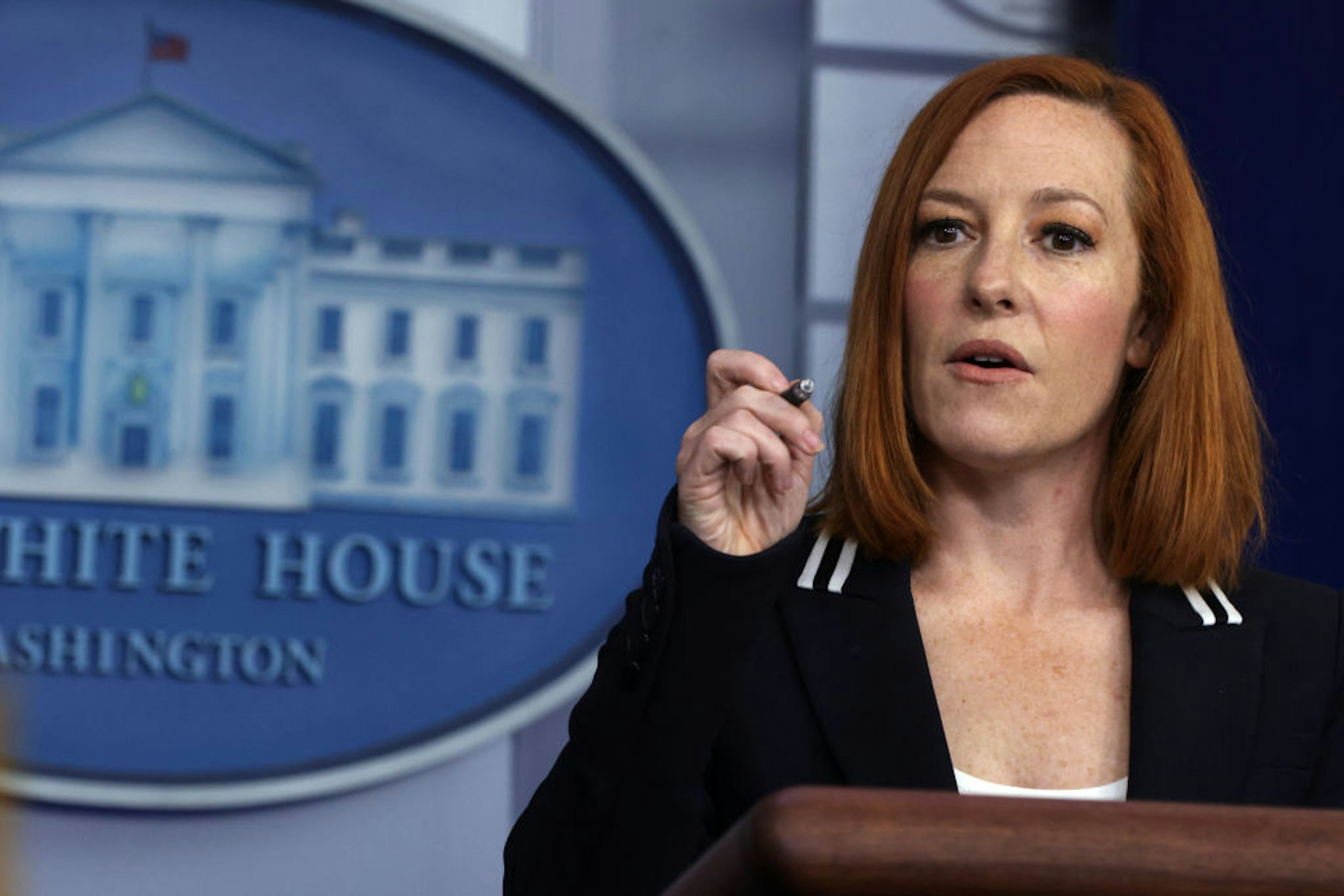 WASHINGTON, DC - APRIL 21: White House Press Secretary Jen Psaki speaks during a daily press briefing at the James Brady Press Briefing Room of the White House on April 21, 2021 in Washington, DC. Psaki held the daily briefing to answer questions from members of the press. (Photo by Alex Wong/Getty Images)