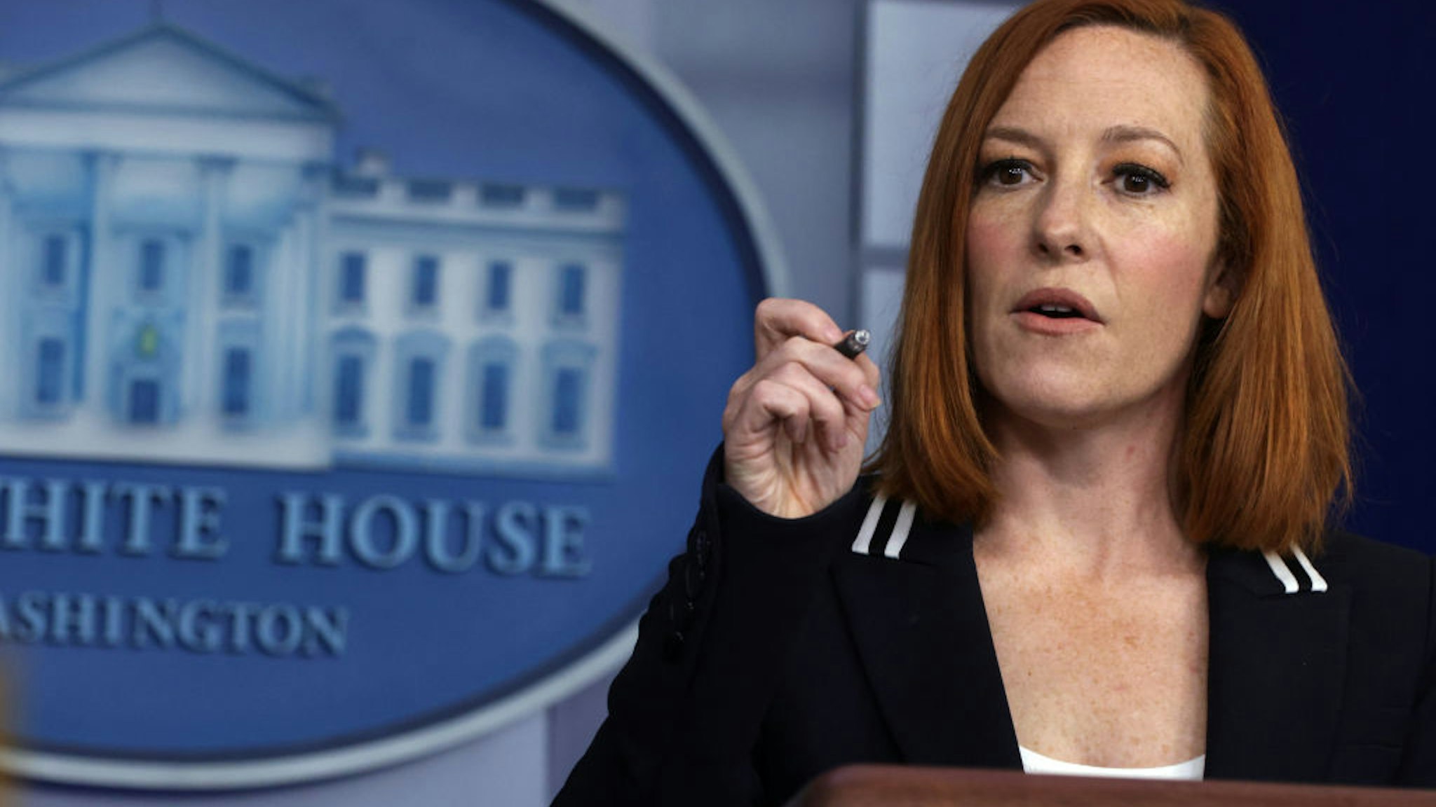 WASHINGTON, DC - APRIL 21: White House Press Secretary Jen Psaki speaks during a daily press briefing at the James Brady Press Briefing Room of the White House on April 21, 2021 in Washington, DC. Psaki held the daily briefing to answer questions from members of the press. (Photo by Alex Wong/Getty Images)