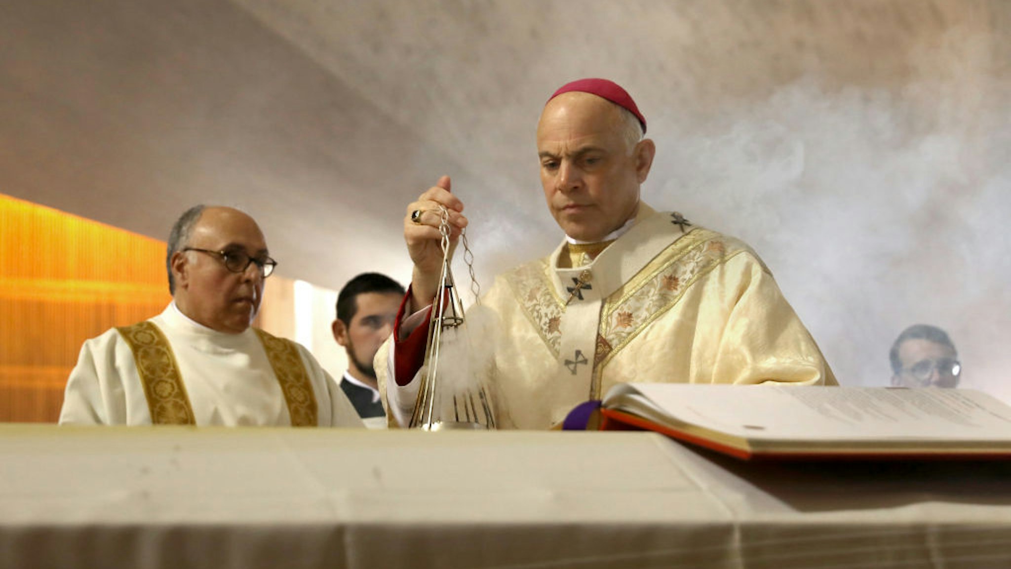 Archbishop of San Francisco, the Most Reverend Salvatore J. Cordileone leads the prayer of commendation during the funeral Mass of archbishop emeritus and Cardinal William Joseph Cardinal Levada at the Cathedral of Saint Mary on Thursday, Oct. 24, 2019, in San Francisco, Calif. (Photo By Liz Hafalia/The San Francisco Chronicle via Getty Images)