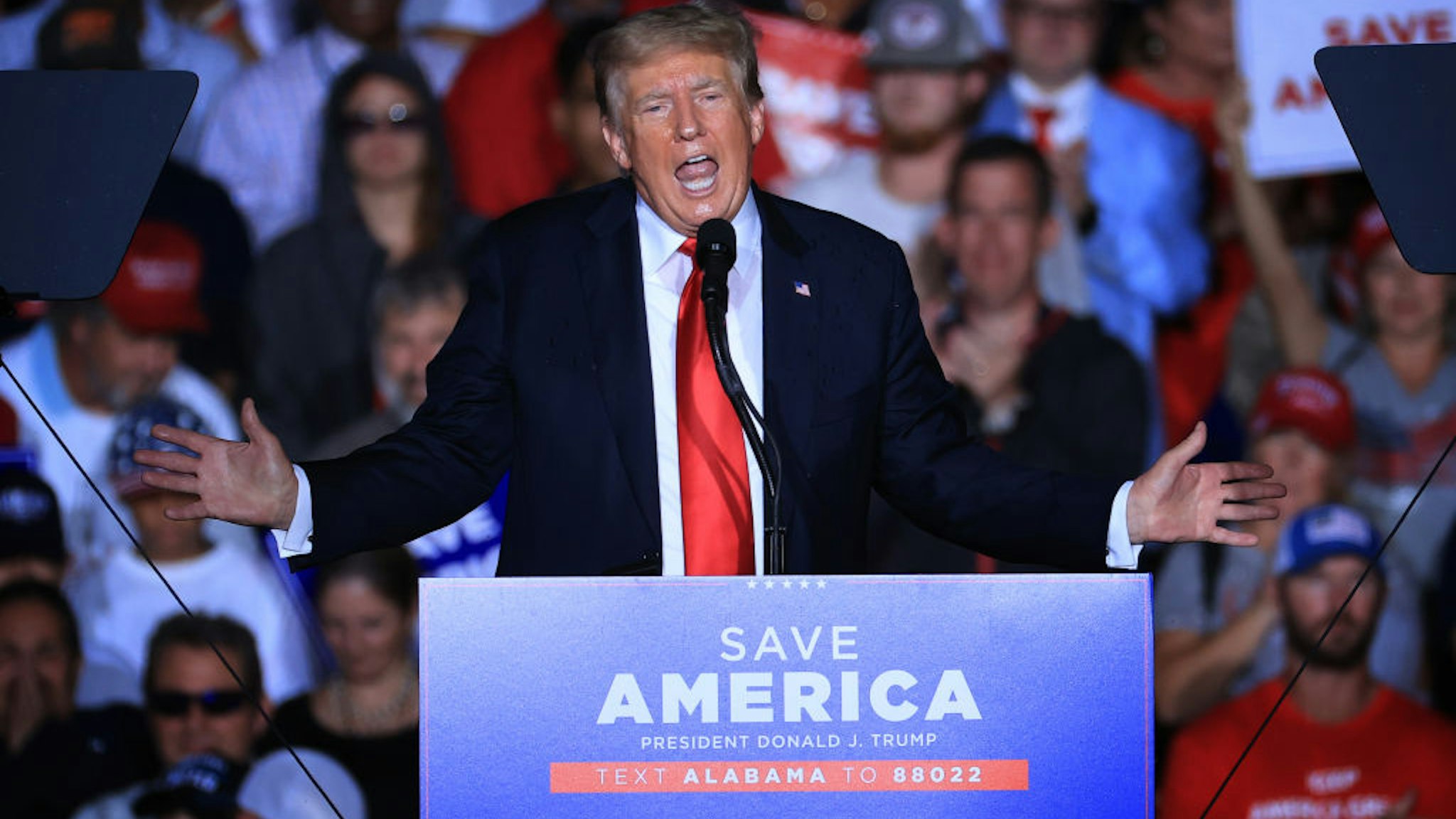 Former U.S. President Donald Trump addresses supporters during a "Save America" rally at York Family Farms on August 21, 2021 in Cullman, Alabama.