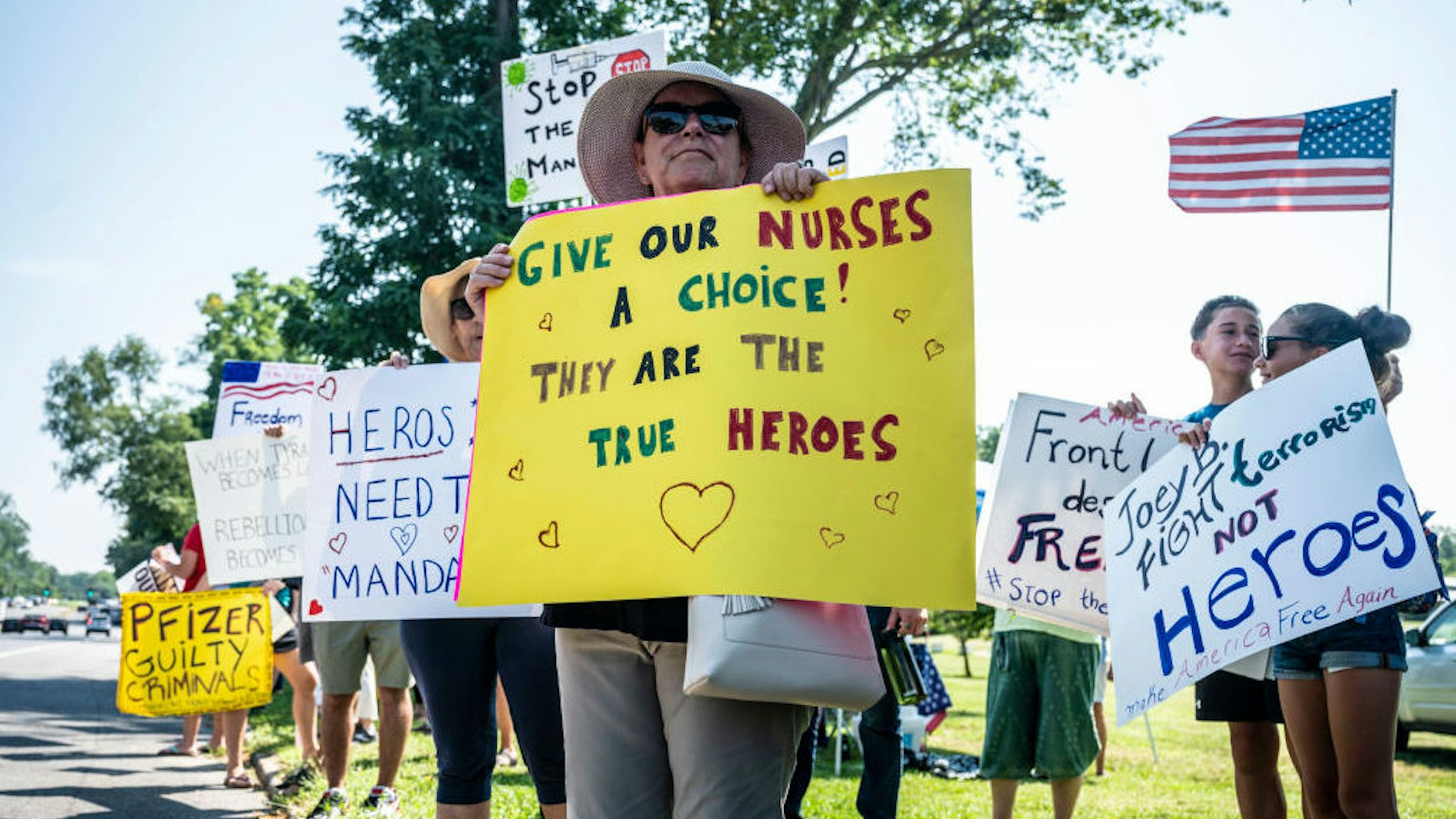 Hauppauge, N.Y.: Health care workers protest against being forced to get the Covid-19 vaccine, outside the New York State Office Building in Hauppauge, New York on August 27, 2021.