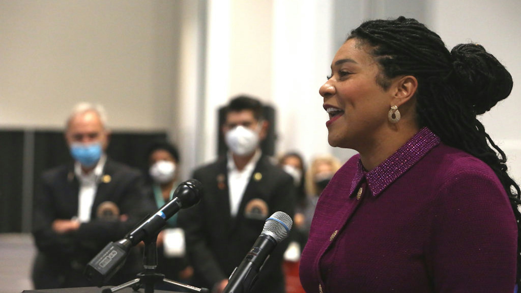 Mayor London Breed speaks to attendees at the start of the California Dental Association convention at Moscone South on Thursday, September 9, 2021 in San Francisco, Calif.