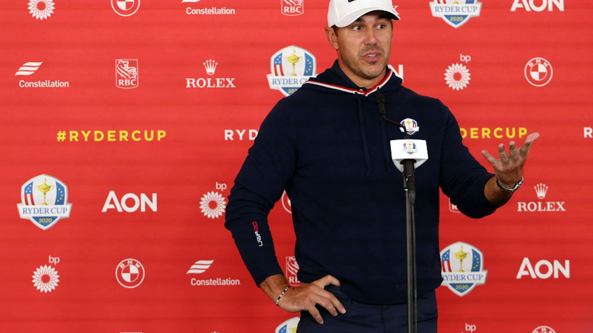 KOHLER, WISCONSIN - SEPTEMBER 23: Brooks Koepka of team United States speaks to the media during practice rounds prior to the 43rd Ryder Cup at Whistling Straits on September 23, 2021 in Kohler, Wisconsin. (Photo by Patrick Smith/Getty Images)