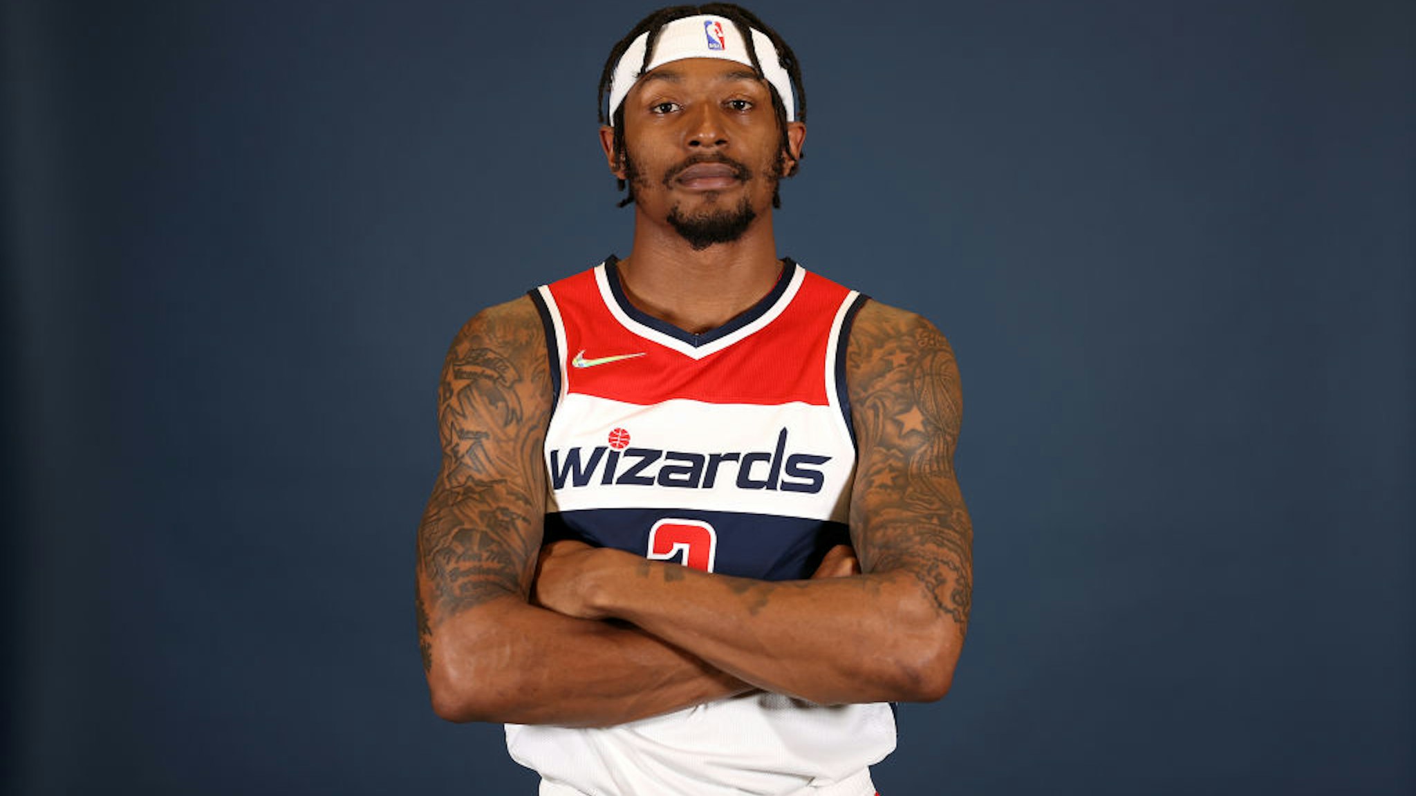 WASHINGTON, DC - SEPTEMBER 27: Bradley Beal #3 of the Washington Wizards poses during media day at Entertainment &amp; Sports Arena on September 27, 2021 in Washington, DC. NOTE TO USER: User expressly acknowledges and agrees that, by downloading and or using this photograph, User is consenting to the terms and conditions of the Getty Images License Agreement. (Photo by Rob Carr/Getty Images)