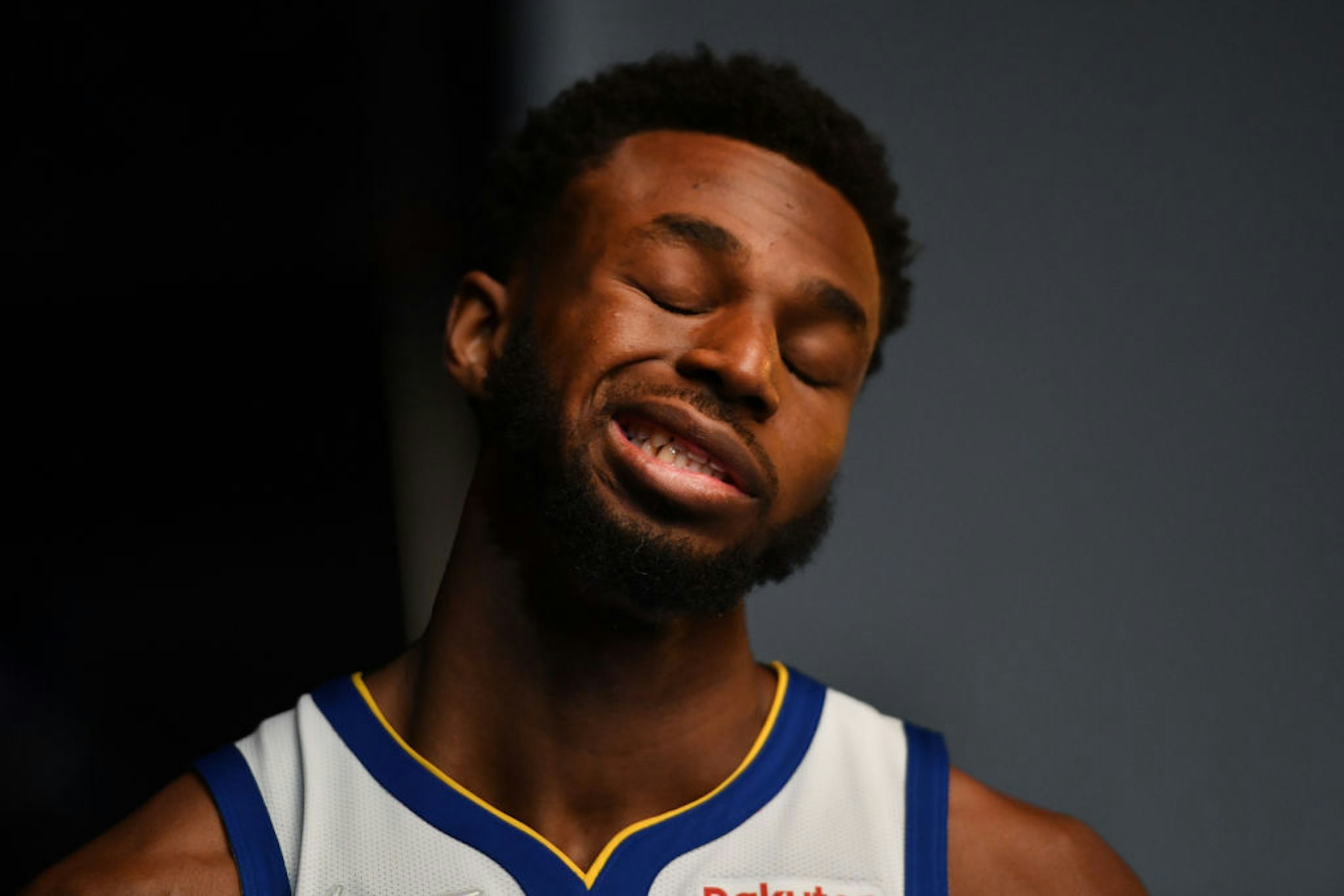 SAN FRANCISCO, CA - SEPT. 27: Golden State Warriors' Andrew Wiggins (22) makes a face during media day at Chase Center in San Francisco, Calif., on Friday, May 21, 2021. (Photo by Jose Carlos Fajardo/MediaNews Group/East Bay Times via Getty Images)