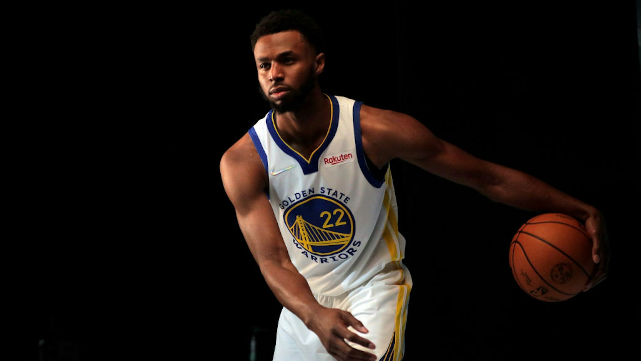 SAN FRANCISCO - SEPTEMBER 27: Andrew Wiggins having his portrait made as the Golden State Warriors held their media day for the 2021-22 season at Chase Center in San Francisco, Calif., on Monday, September 27, 2021. (