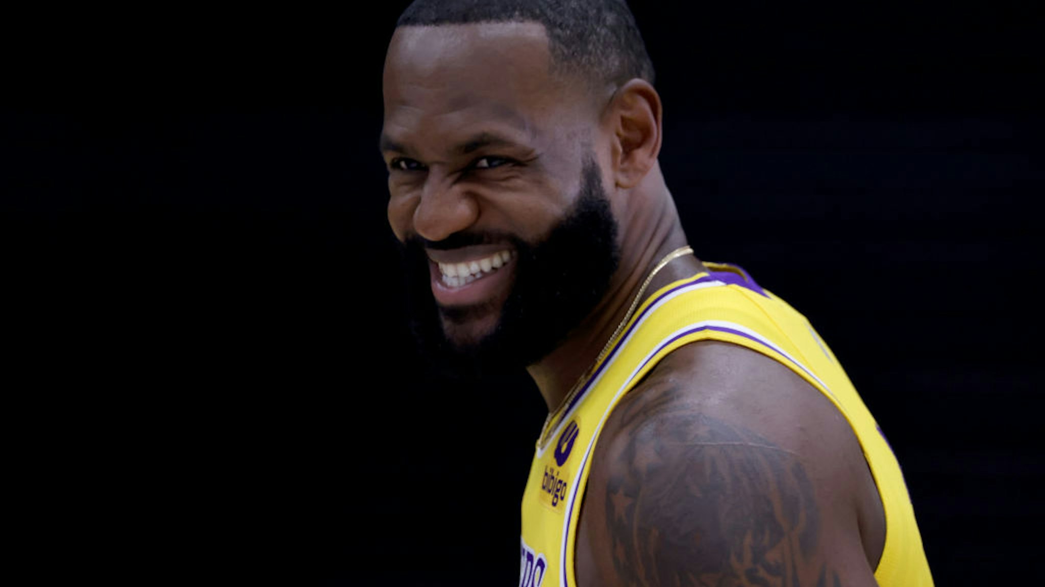 EL SEGUNDO, CALIFORNIA - SEPTEMBER 28: LeBron James #6 of the Los Angeles Lakers smiles during Los Angeles Lakers media day at UCLA Health Training Center on September 28, 2021 in El Segundo, California. (Photo by Harry How/Getty Images)