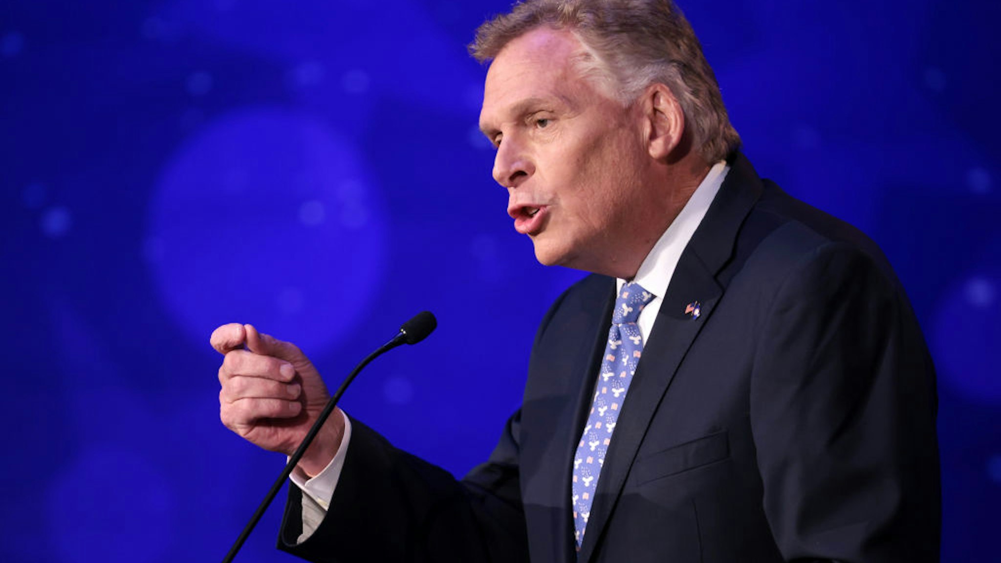 Former Virginia Gov. Terry McAuliffe (D-VA) answers a question in a debate with Republican gubernatorial candidate Glenn Youngkin hosted by the Northern Virginia Chamber of Commerce September 28, 2021 in Alexandria, Virginia. The gubernatorial election is November 2.