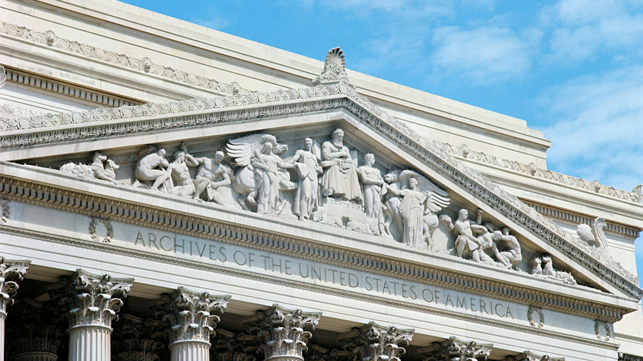 1960s ARCHITECTURAL DETAIL OF THE PEDIMENT OF THE NATIONAL ARCHIVES BUILDING IN WASHINGTON DC (Photo by H. Armstrong Roberts/ClassicStock/Getty Images)