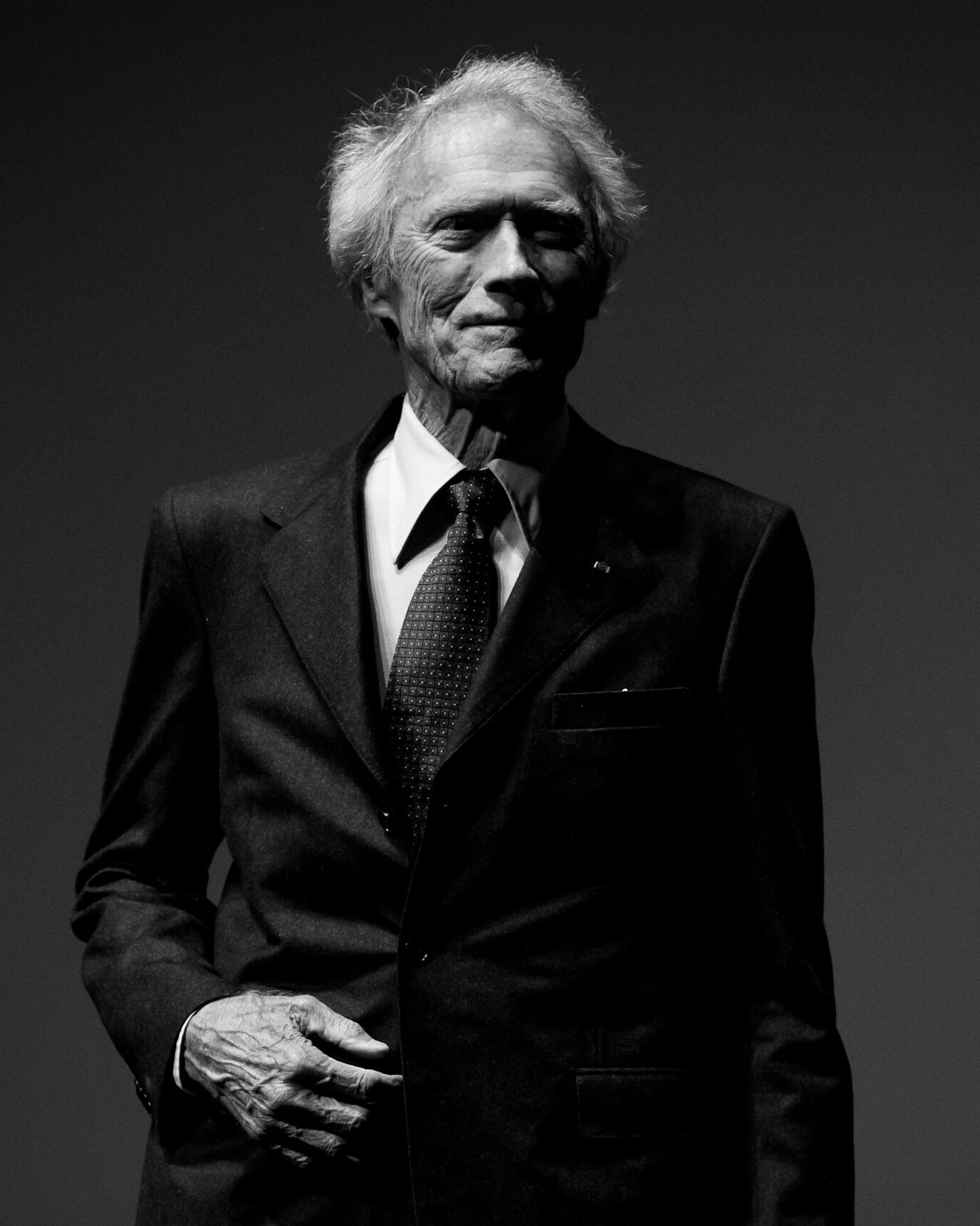CANNES, FRANCE - MAY 20: (EDITORS NOTE: Image has been converted to black and white.) Clint Eastwood is seen on stage during the 'Unforgiven' restored copy presentation during the 70th annual Cannes Film Festival at Salle Debussy on May 20, 2017 in Cannes, France. (Photo by Matthias Nareyek/French Select)