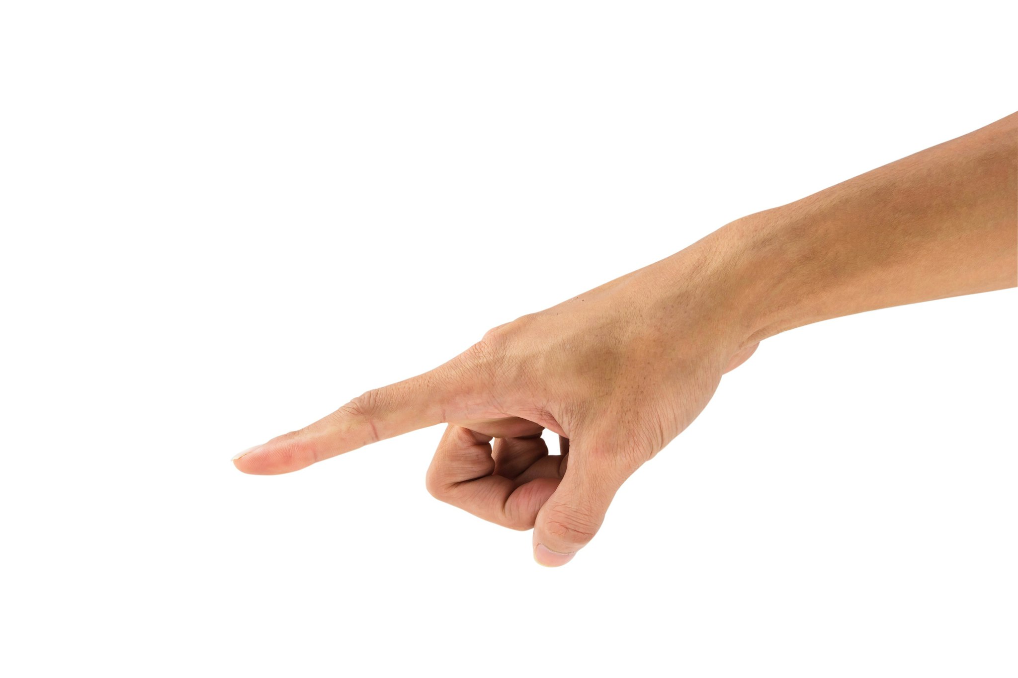 Cropped Hand Of Woman Pointing Against White Background - stock photo
