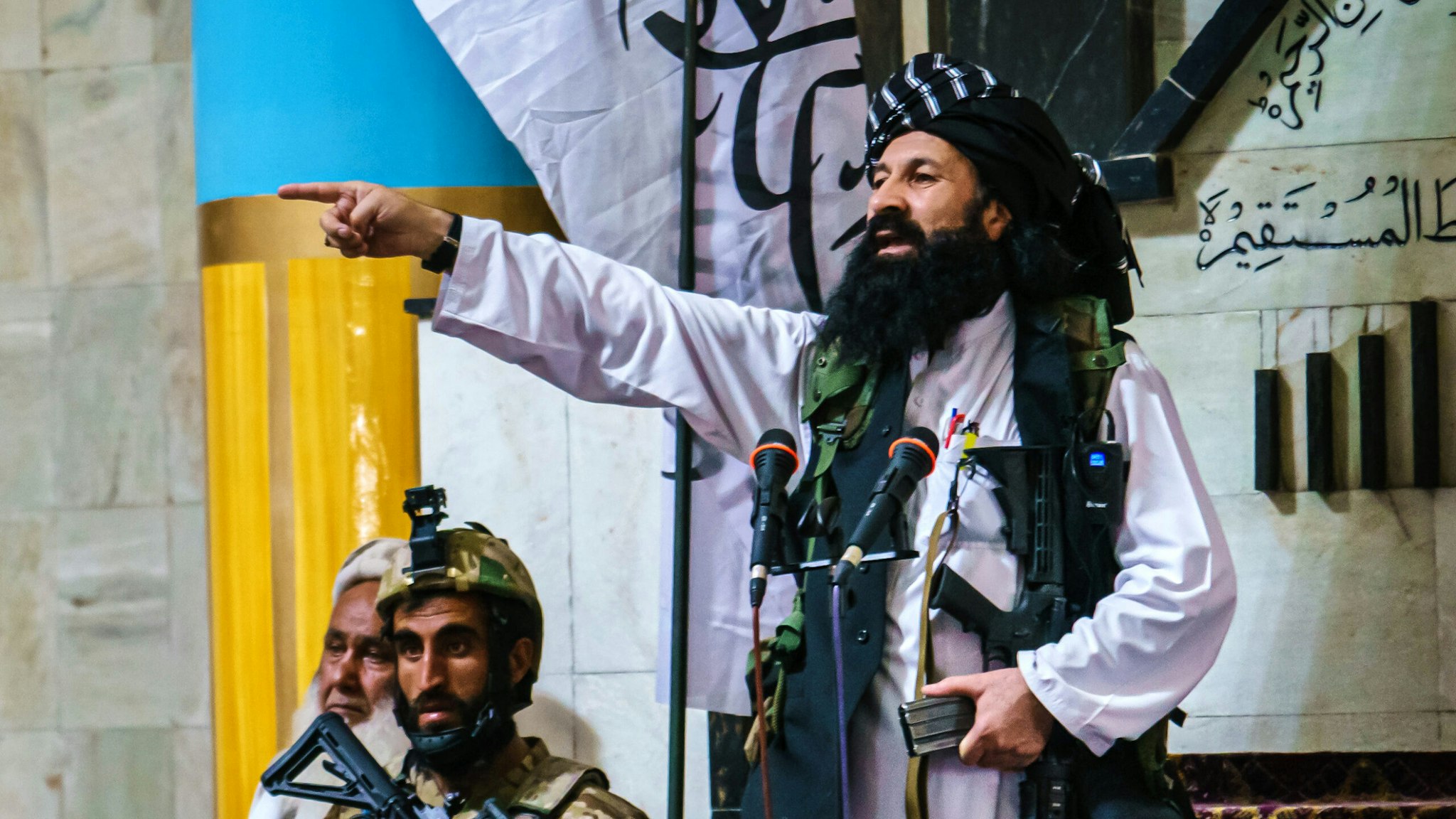 KABUL, AFGHANISTAN -- AUGUST 20, 2021: Khalil al-Rahman Haqqani, a leader of the Taliban affiliated Haqqani network, and a U.S.-designated terrorist with a five million dollar bounty, deliver his sermon to a large congregation at the Pul-I-Khishti Mosque in Kabul, Afghanistan, Friday, Aug. 20, 2021.