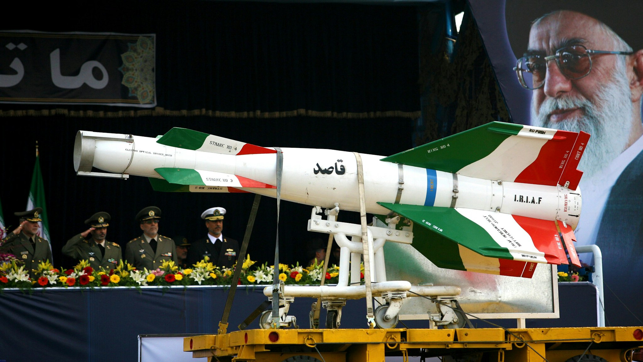 TEHRAN, IRAN - APRIL 17: An Iranian surface to surface Ghasedak missile is driven past portraits of Iran's late founder of the Islamic Republic, Ayatollah Ali khamenei (R), during the annual army day military parade on April 17, 2008 in Tehran, Iran. Ahmadinejad proclaimed today the country's army was a powerful deterrent to all enemies saying "No major power is able to jeopardize the Iranian nation's security and interests due to the Iranian people's power today, Iran's army, the Revolutionary Guards and the Basij would respond strongly to even the minimum aggression,"