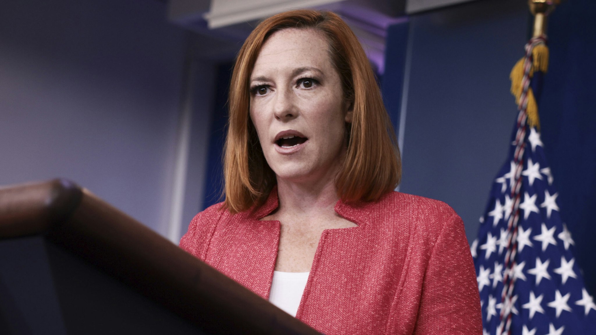 WASHINGTON, DC - SEPTEMBER 27: White House Press Secretary Jen Psaki speaks at a press briefing in the James Brady Press Briefing Room of the White House on September 27 2021 in Washington, DC. During the briefing Psaki answered a range of questions on topics including Covid-19 booster shots and China’s recent release of Canadians Michael Kovrig and Michael Spavor.
