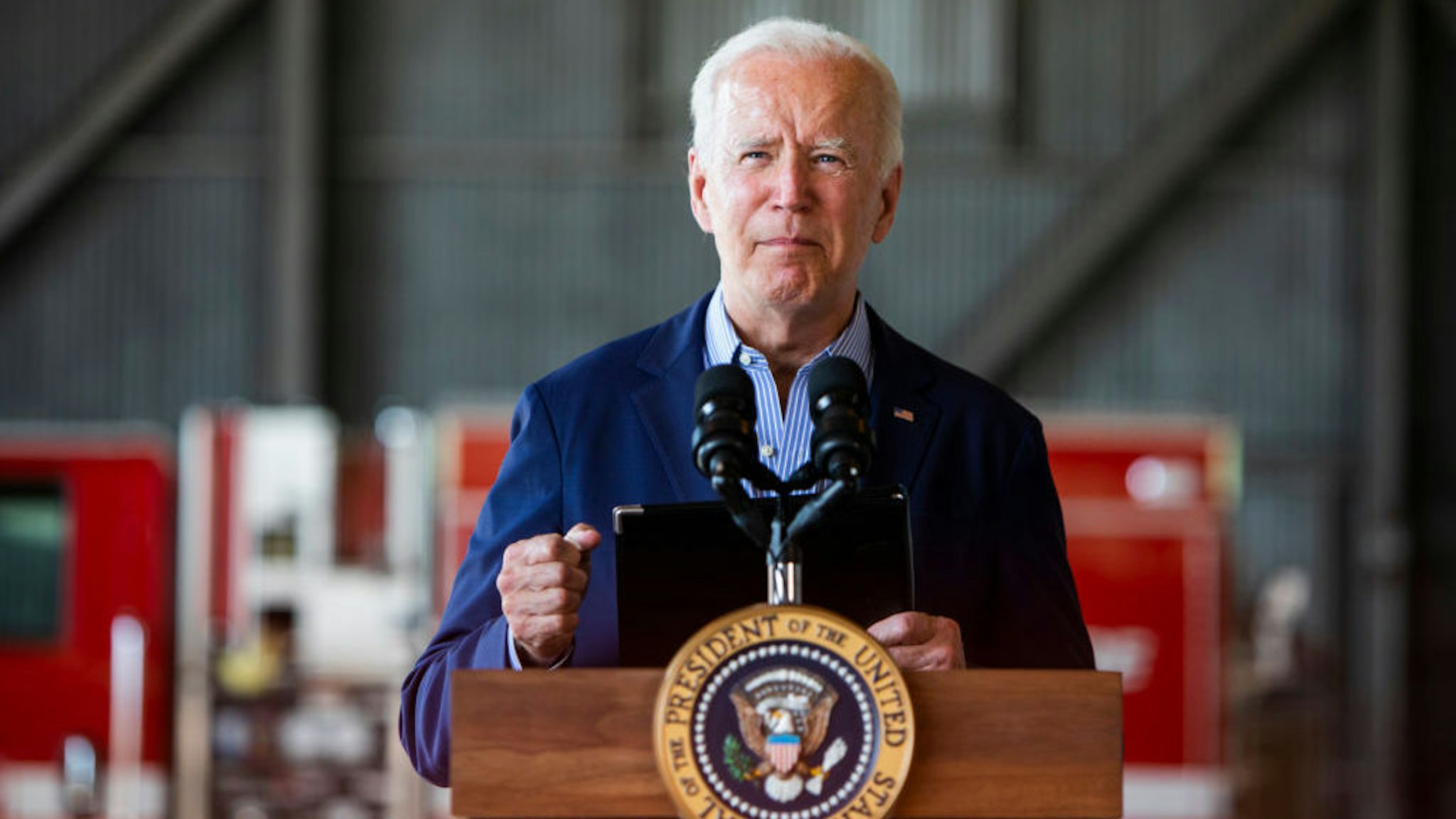 SACRAMENTO, CA - SEPTEMBER 13: President Joe Biden speaks a press conference held at Mather airport in Sacramento, Calif., on Monday, September 13, 2021. The President visited California to survey wildfire damage in response to recent wildfires. (Nina Riggio/San Francisco Chronicle via Getty Images)