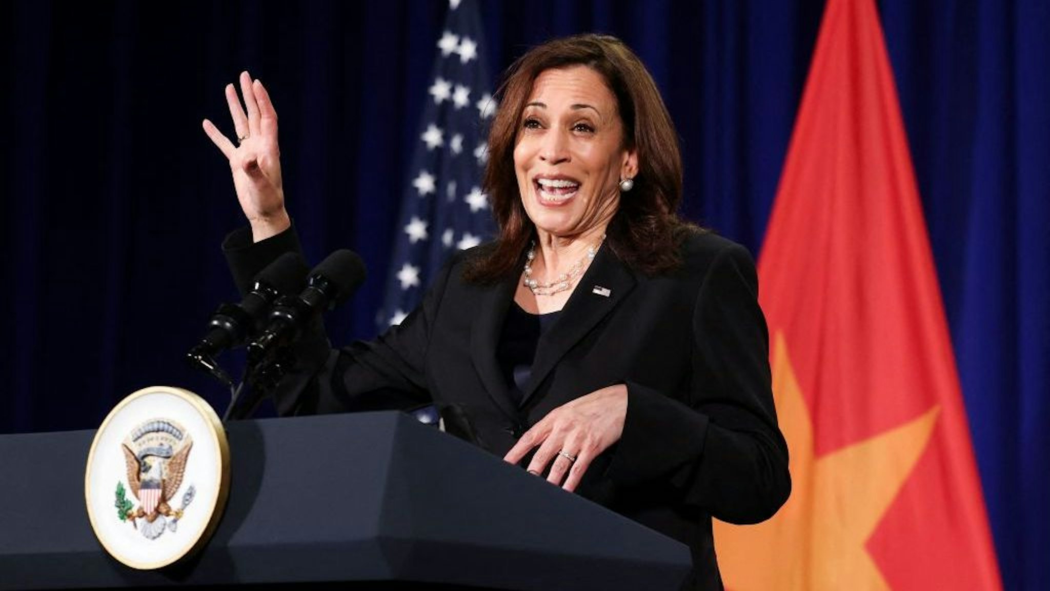 US Vice President Kamala Harris holds a press conference before departing Vietnam for the United States, following her first official visit to Asia, in Hanoi on August 26, 2021. (Photo by EVELYN HOCKSTEIN / POOL / AFP) (Photo by EVELYN HOCKSTEIN/POOL/AFP via Getty Images)