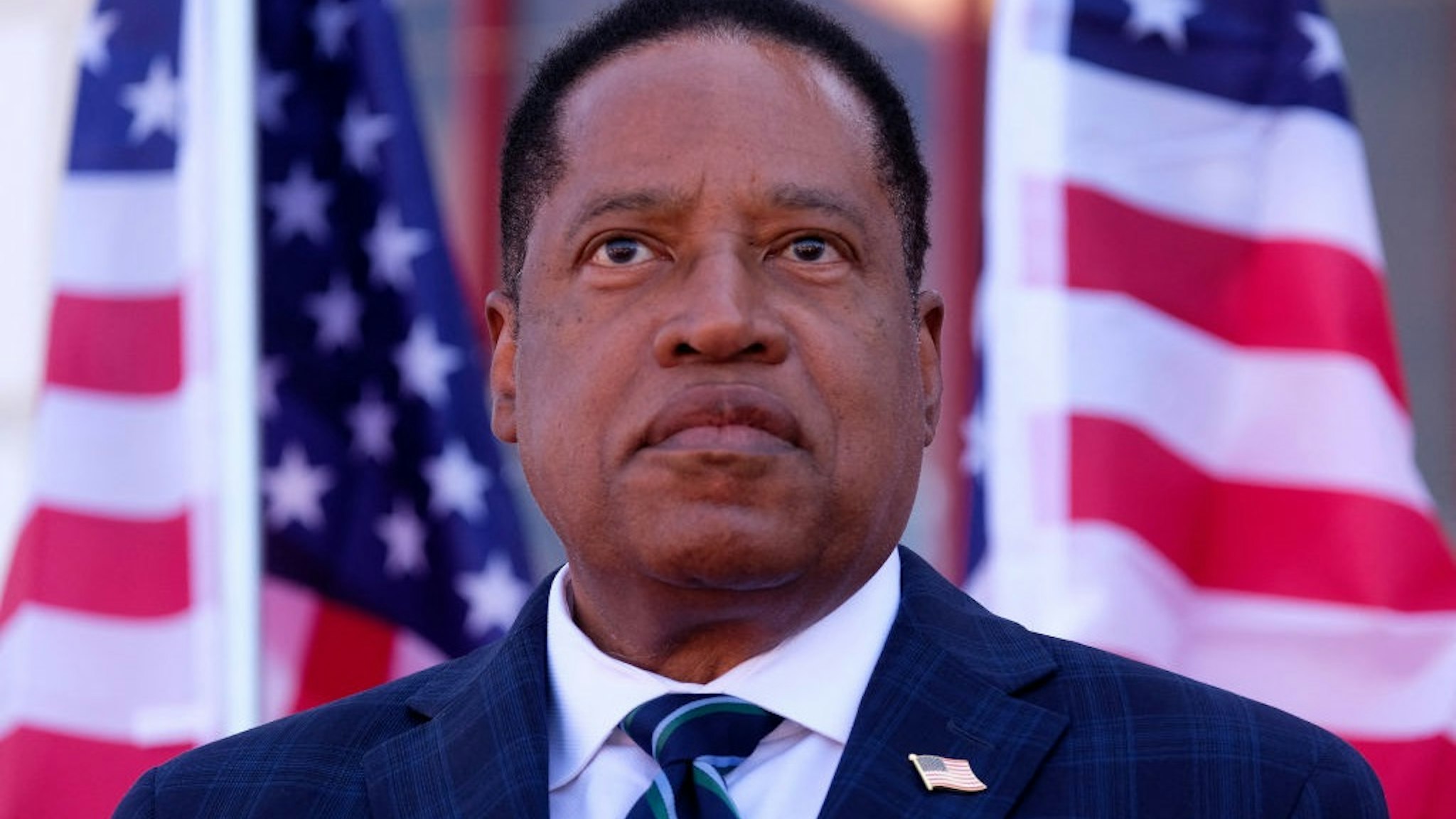Republican gubernatorial candidate Larry Elder speaks to supporters during an Asian Rally for Yes Recall at the Asian Garden Mall in Little Saigon, Westminster, California, on September 4, 2021.