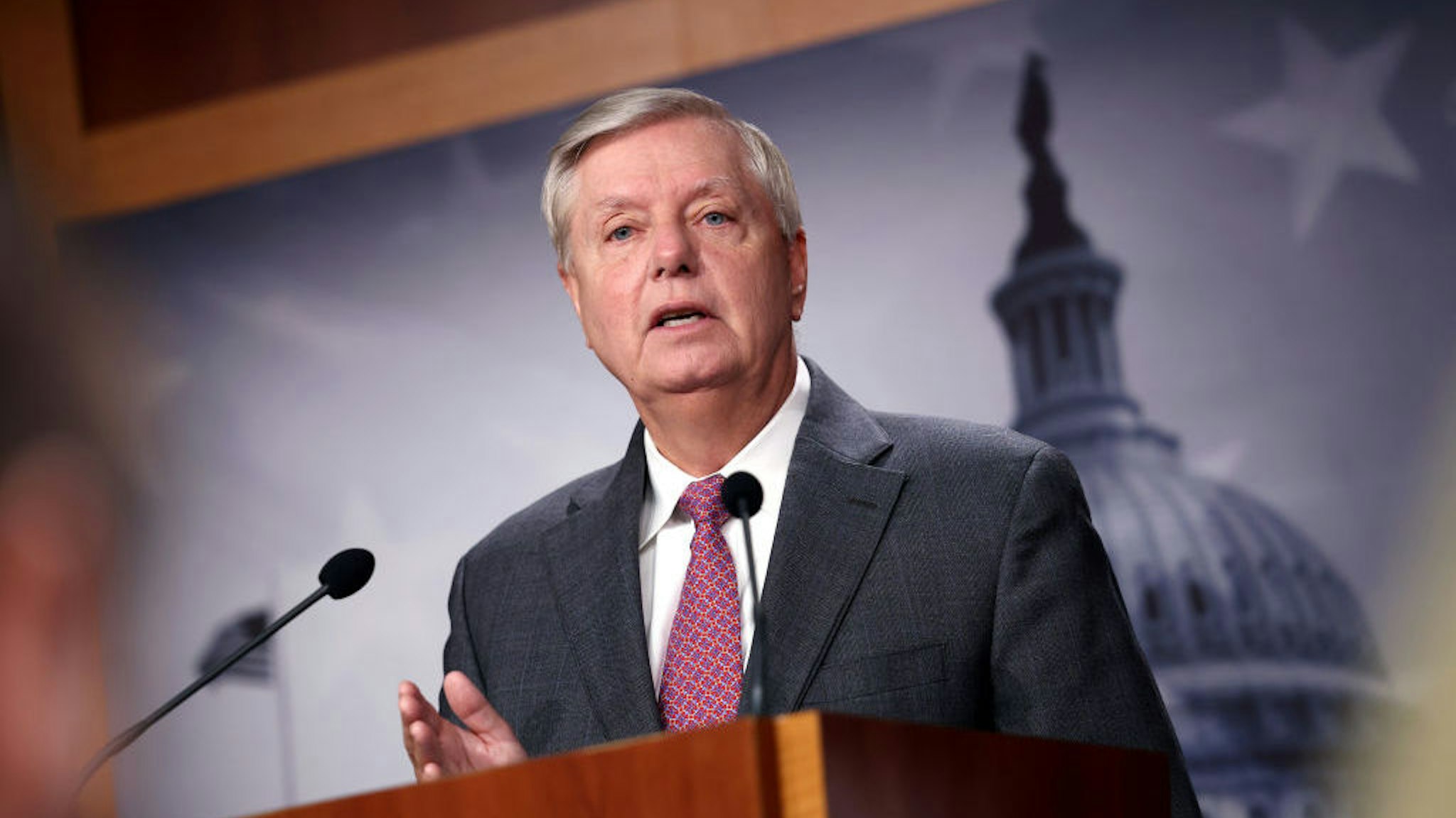 WASHINGTON, DC - JULY 30: U.S. Sen. Lindsey Graham (R-SC) speaks on southern border security and illegal immigration, during a news conference at the U.S. Capitol on July 30, 2021 in Washington, DC. Graham urged the Biden administration to name former Homeland Security Secretary Jeh Johnson as a border czar. (Photo by Kevin Dietsch/Getty Images)