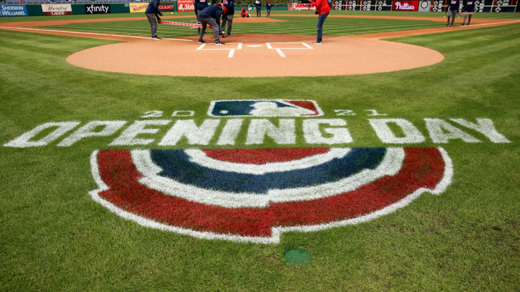 PHILADELPHIA, PA - APRIL 01: A general view of the 2021 Opening Day logo on the field prior to the game between the Atlanta Braves and the Philadelphia Phillies at Citizens Bank Park on Thursday, April 1, 2021 in Philadelphia, Pennsylvania. (Photo by Mary DeCicco/MLB Photos via Getty Images)