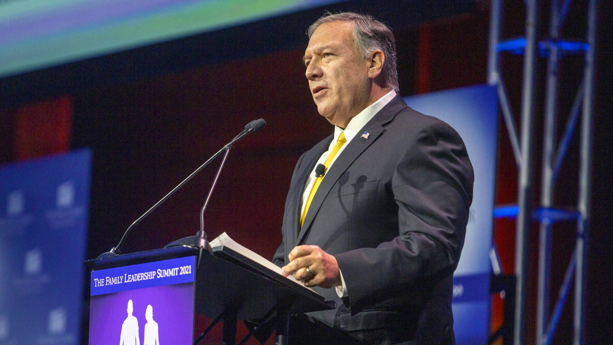 Michael Pompeo, former U.S. secretary of state, speaks during the FAMiLY Leader summit in Des Moines, Iowa, U.S., on Friday, July 16, 2021. Former Vice President Mike Pence is headlining the evangelical group's 10th annual leadership summit.