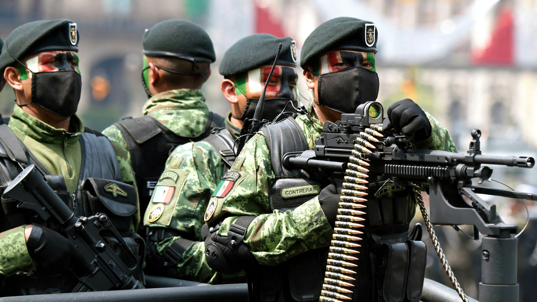 Soldiers of the Mexican Army take part in the military parade for the 211th anniversary of the Independence Day at the Zocalo Square in Mexico City on September 16, 2021.
