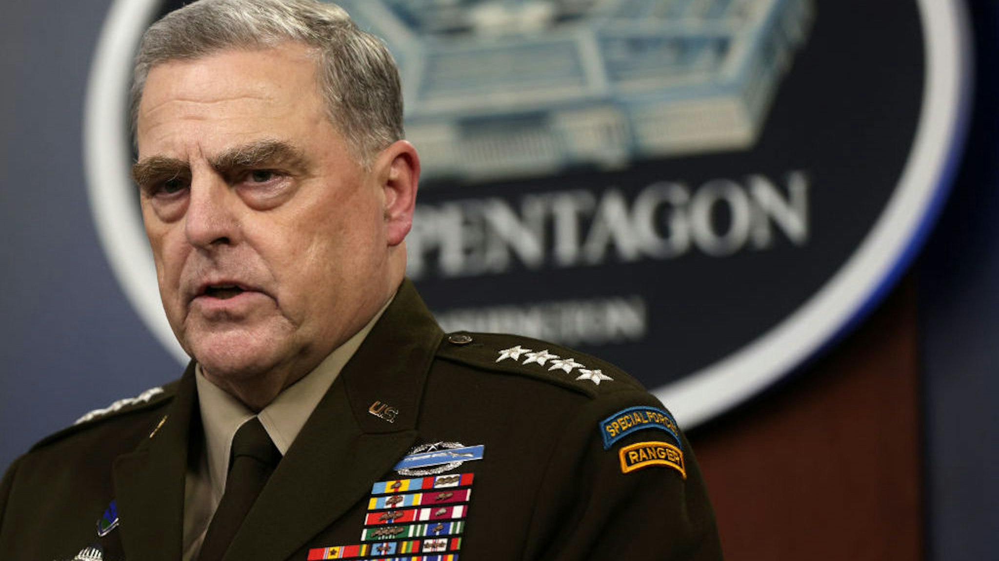 ARLINGTON, VIRGINIA - AUGUST 18: Chairman of the Joint Chiefs of Staff Army General Mark Milley participates in a news briefing at the Pentagon August 18, 2021 in Arlington, Virginia. U.S. Secretary of Defense Lloyd Austin and General Milley held a news briefing to discuss the current situation in Afghanistan after the Taliban took control of the country. (Photo by Alex Wong/Getty Images)
