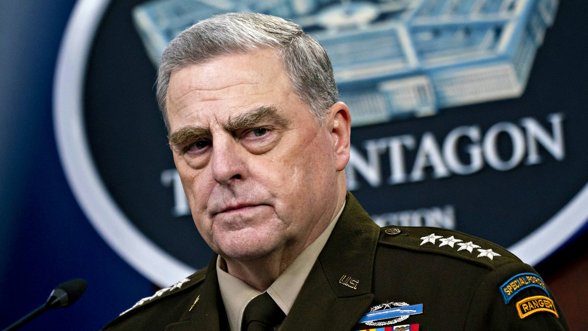 Mark Milley, chairman of the joint chiefs of staff, pauses while speaking during a news conference at the Pentagon in Arlington, Virginia, U.S., on Wednesday, Sept. 1, 2021. President Biden yesterday declared an end to two decades of U.S. military operations in Afghanistan, offering an impassioned defense of his withdrawal and rejecting criticism that it was mishandled.