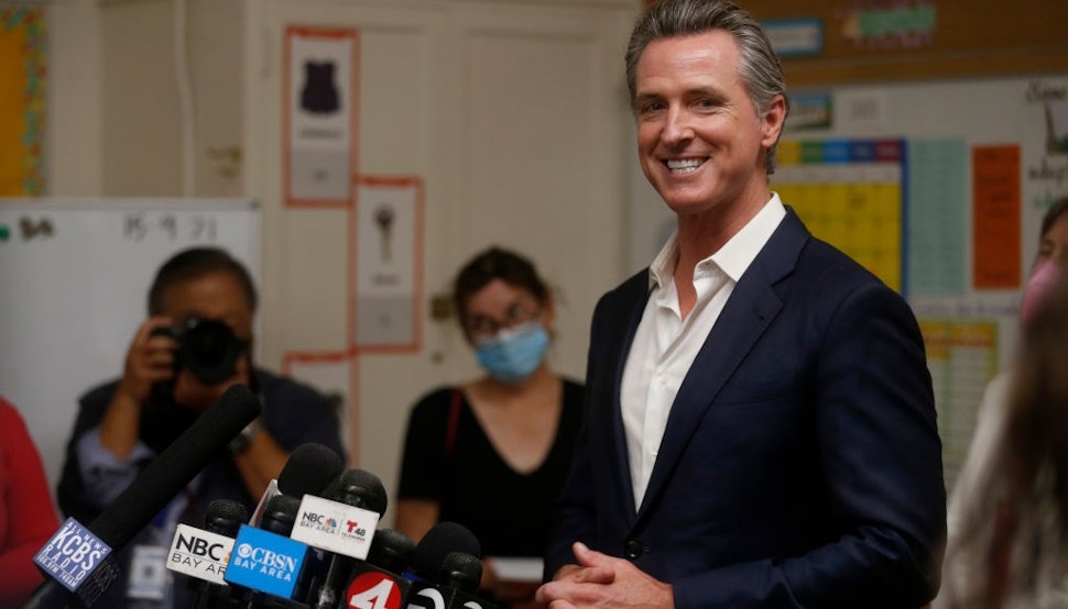 OAKLAND, CALIFORNIA - SEPTEMBER 15: Gov. Gavin Newsom speaks to the press while visiting Melrose Leadership Academy in Oakland, Calif., on Wednesday, Sept. 15, 2021. On Tuesday, Newsom prevailed in the California Gubernatorial Recall Election to keep his post as governor.
