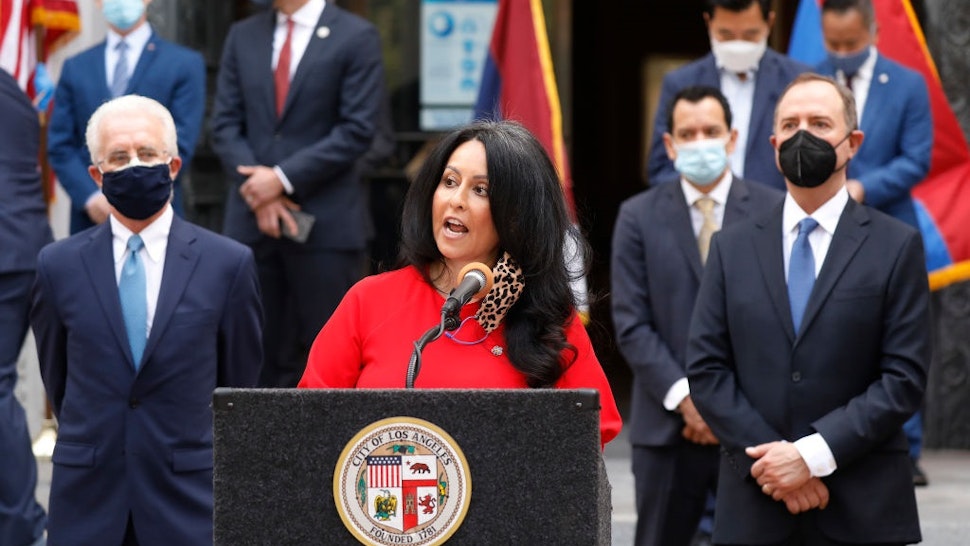 LOS ANGELES, CA - OCTOBER 05: Los Angeles City Council President Nury Martinez joined elected officials to make statements at LA City Hall on the escalating conflict between Armenia and Azerbaijan.