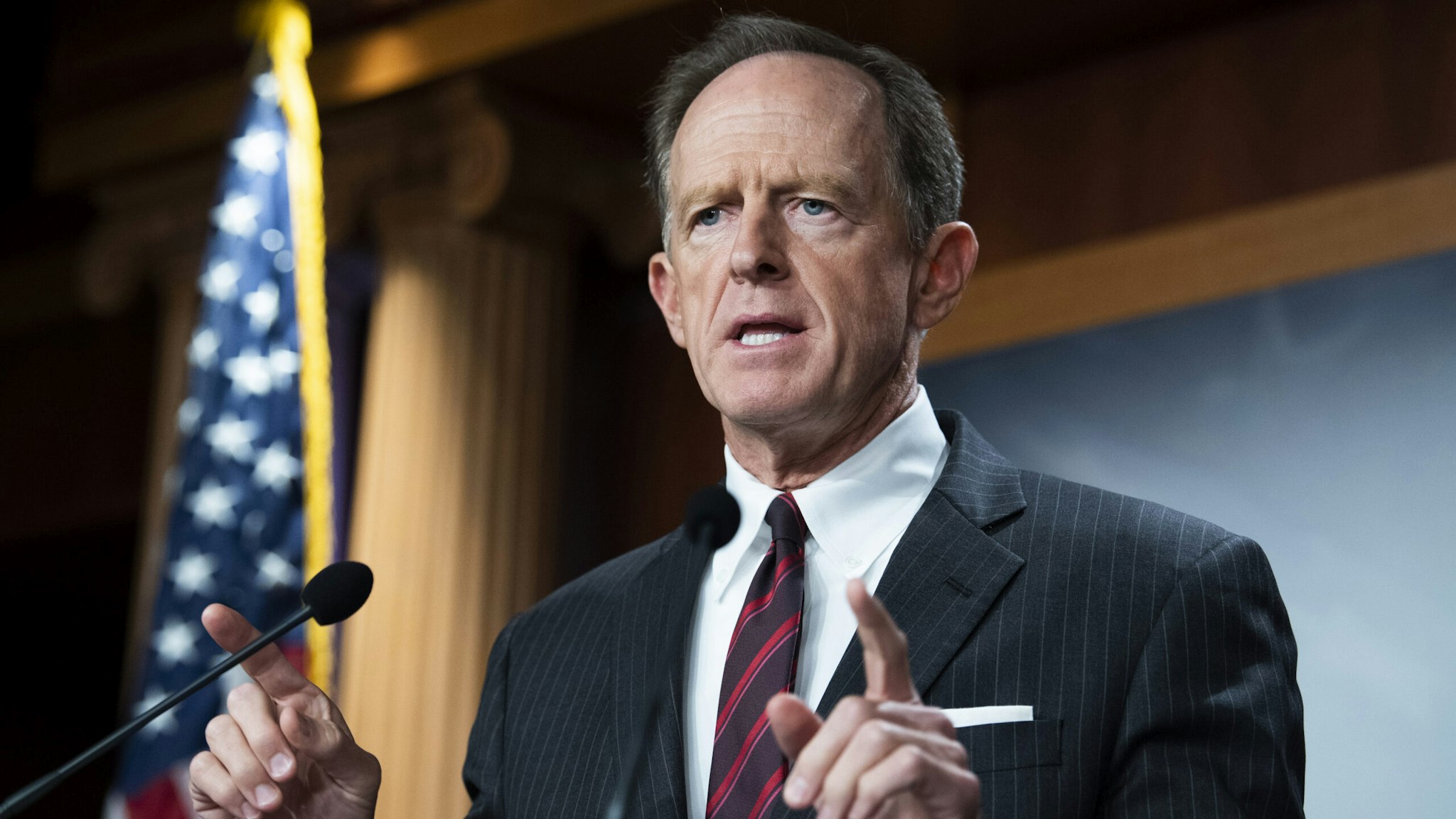 UNITED STATES - AUGUST 9: Sen. Pat Toomey, R-Pa., conducts a news conference on a bipartisan agreement to fix the digital asset reporting requirements in the infrastructure bill, in the U.S. Capitol on Monday, August 9, 2021. Sen. Cynthia Lummis, R-Wyo., also attended.