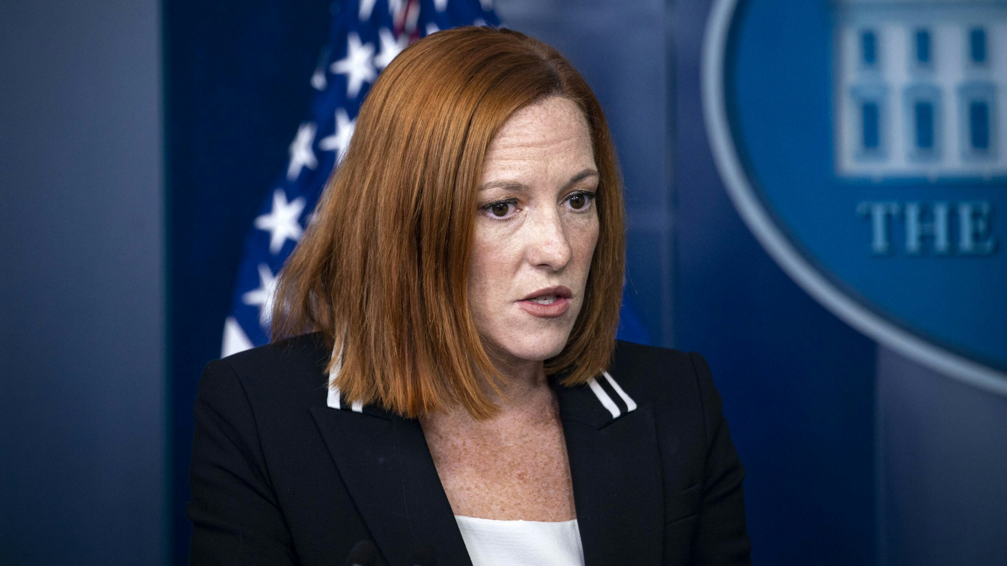Jen Psaki, White House press secretary, speaks during a news conference in the James S. Brady Press Briefing Room at the White House in Washington, D.C., U.S., on Thursday, Sept. 2, 2021. President Biden last month urged a group of chief executive officers to help improve cybersecurity across the nation's critical infrastructure and economy, citing a lack of trained professionals to adequately protect the U.S.