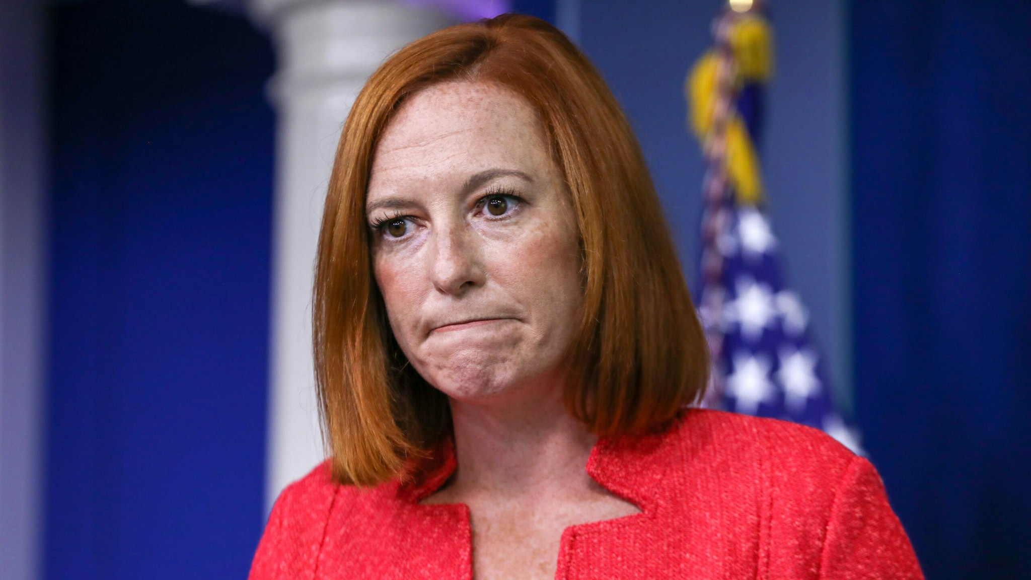 WASHINGTON, DC - AUGUST 23: White House Press Secretary Jen Psaki holds the daily press briefing at the White House on August 23, 2021 in Washington, DC, United States. Psaki and National Security Advisor Jake Sullivan took questions about the situation in Afghanistan.