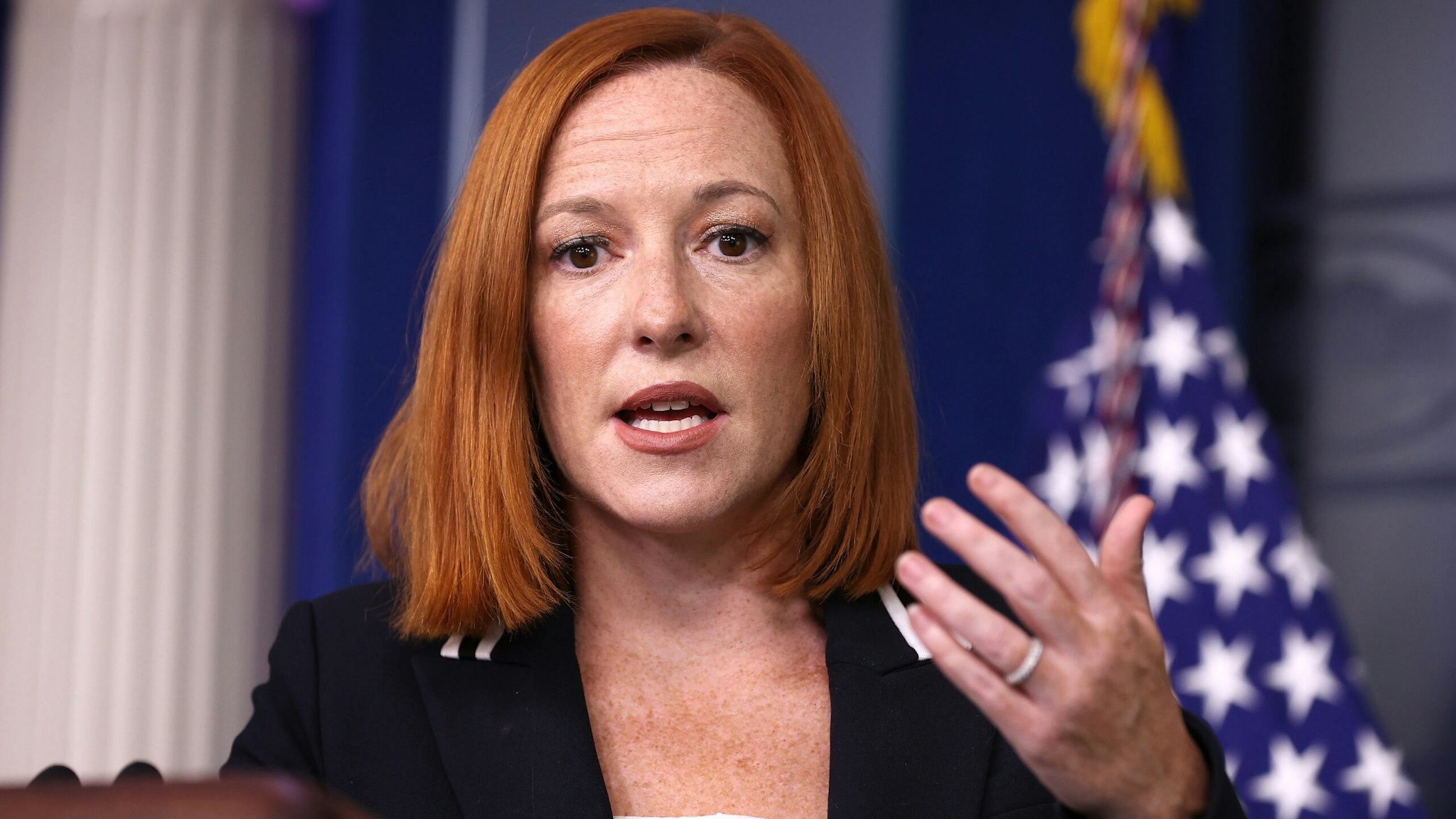 WASHINGTON, DC - SEPTEMBER 02: White House Press Secretary Jen Psaki talks to reporters during the daily news conference in the Brady Press Briefing Room at the White House on September 02, 2021 in Washington, DC. Psaki answered questions about the ongoing federal response to Hurricane Ida, the Supreme Court's decision on a new Texas anti-abortion law, Afghan refugees in the United States and other topics.