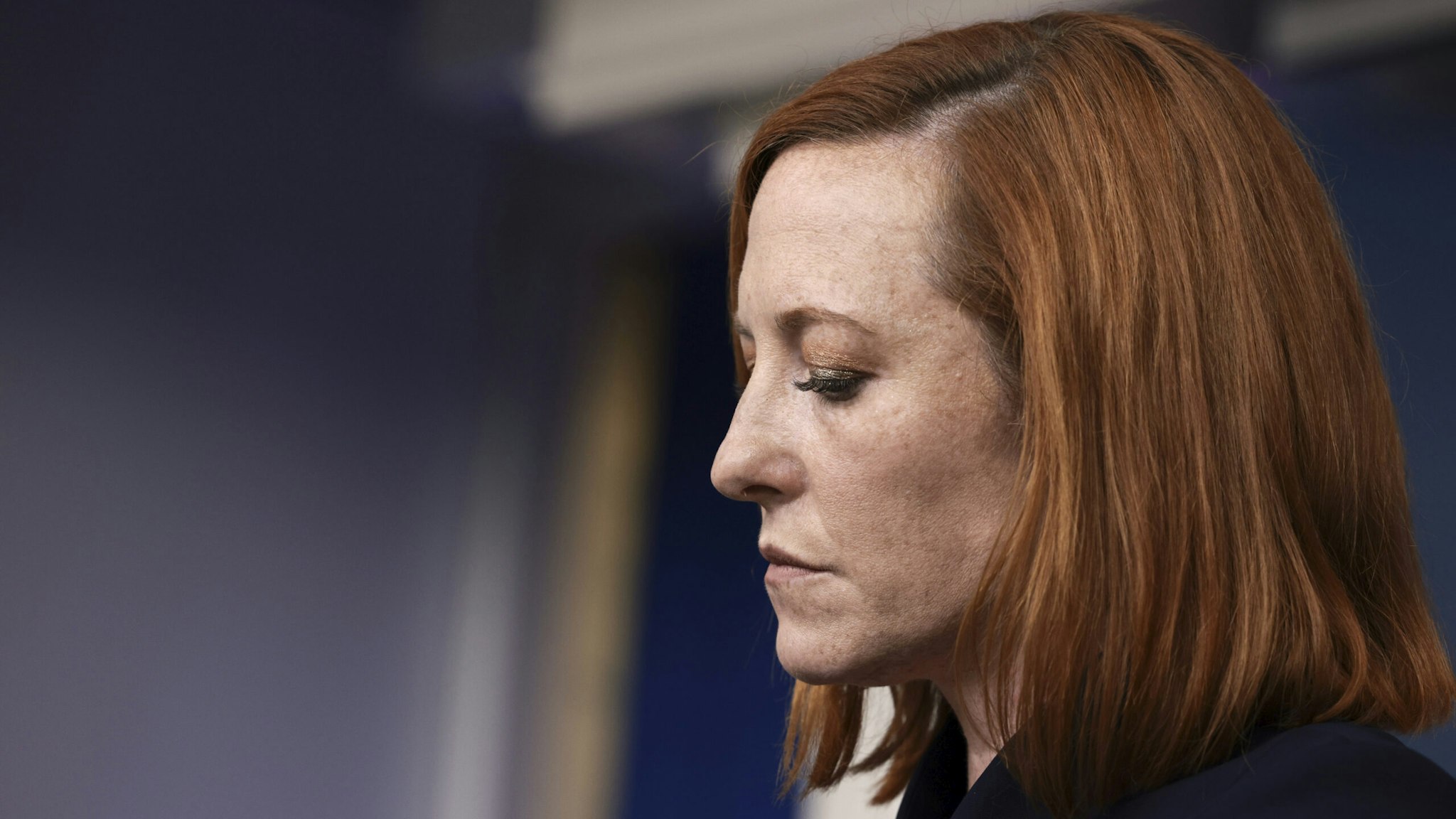 WASHINGTON, DC - SEPTEMBER 24: White House Press Secretary Jen Psaki listens to a question at a press briefing in the White House on September 24, 2021 in Washington, DC. Psaki spoke on a range of topics including the Covid-19 vaccines and the U.S and Mexico border.