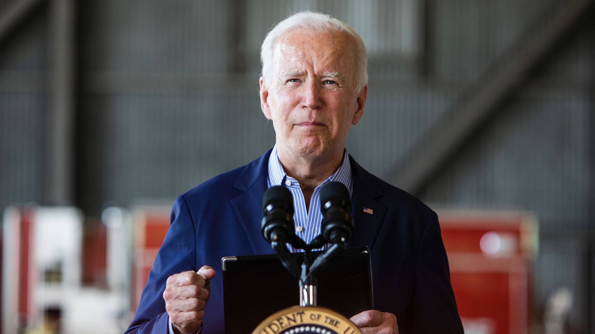SACRAMENTO, CA - SEPTEMBER 13: President Joe Biden speaks a press conference held at Mather airport in Sacramento, Calif., on Monday, September 13, 2021. The President visited California to survey wildfire damage in response to recent wildfires.